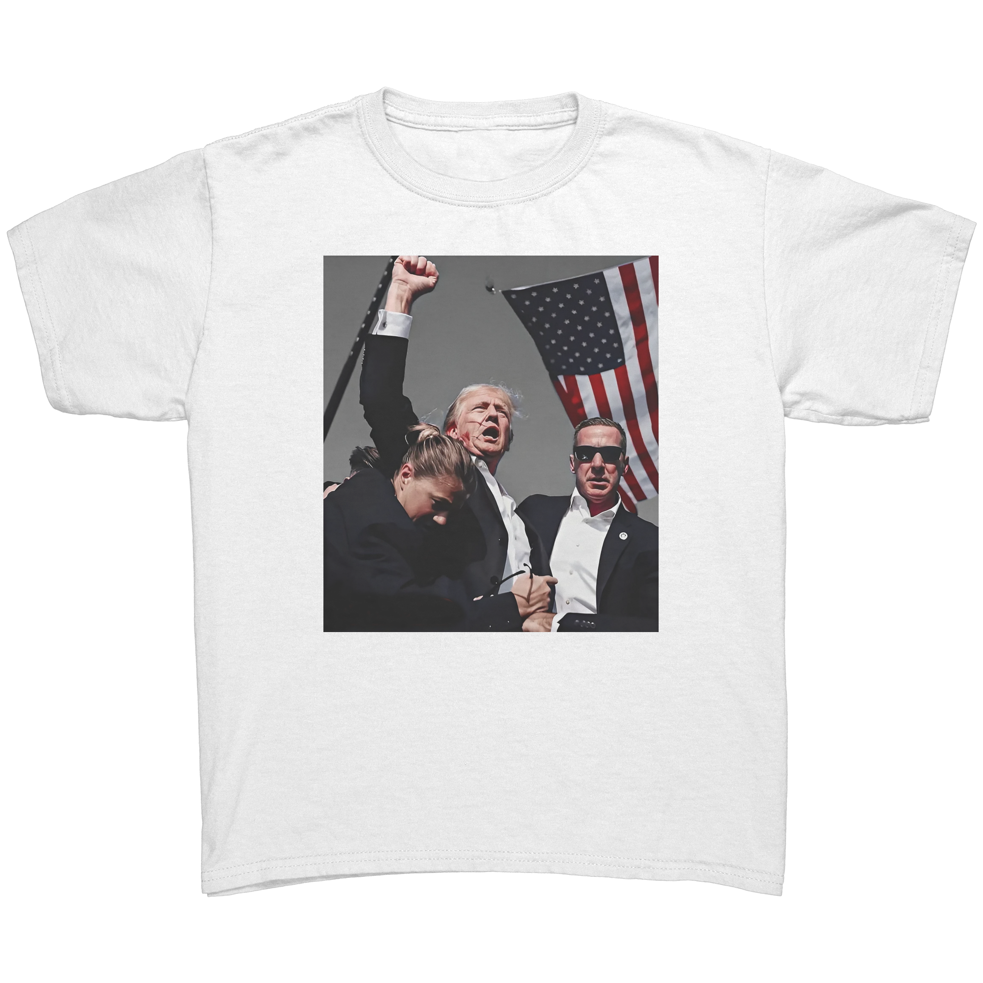 Trump Shot Commemorative Apparel featuring a graphic of patriotic supporters with the American flag.