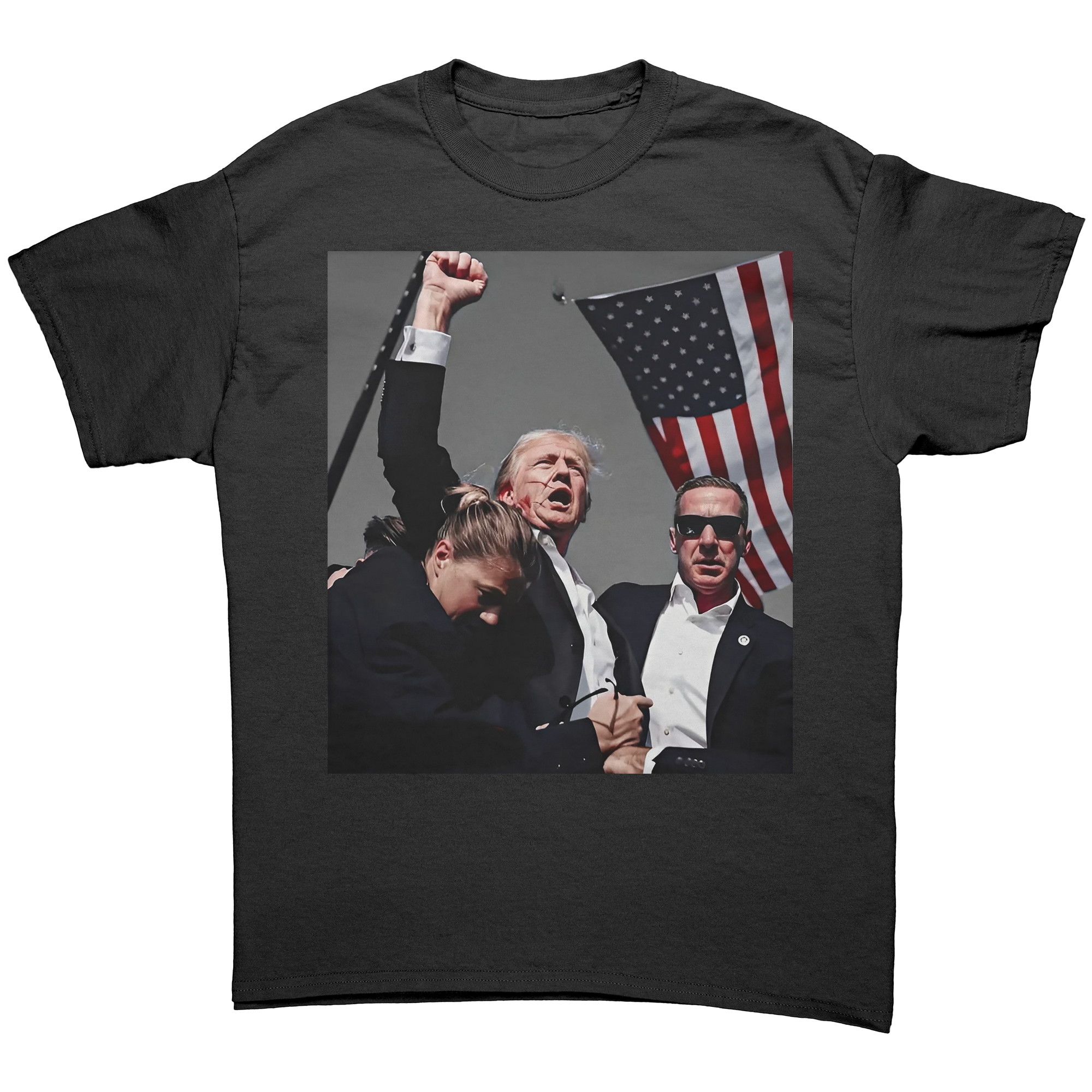 Trump Shot Premium Design Gear featuring a graphic of Trump with supporters and an American flag on a fitted black tee.