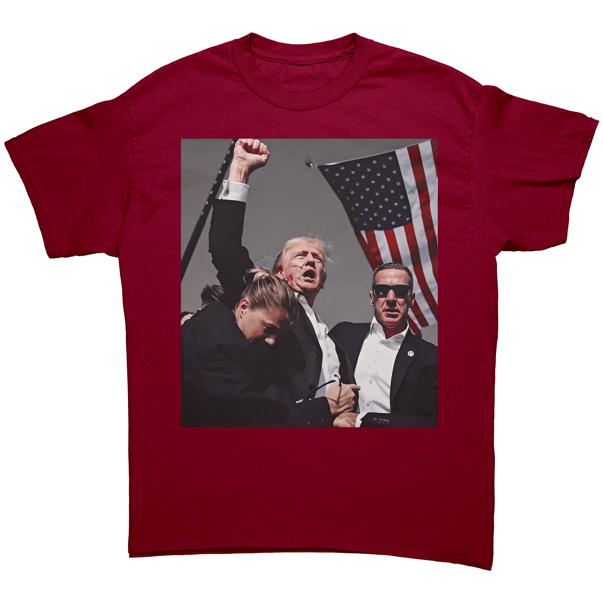 Trump Shot Premium Design Gear – Fitted graphic tee featuring a powerful image of Trump with supporters.
