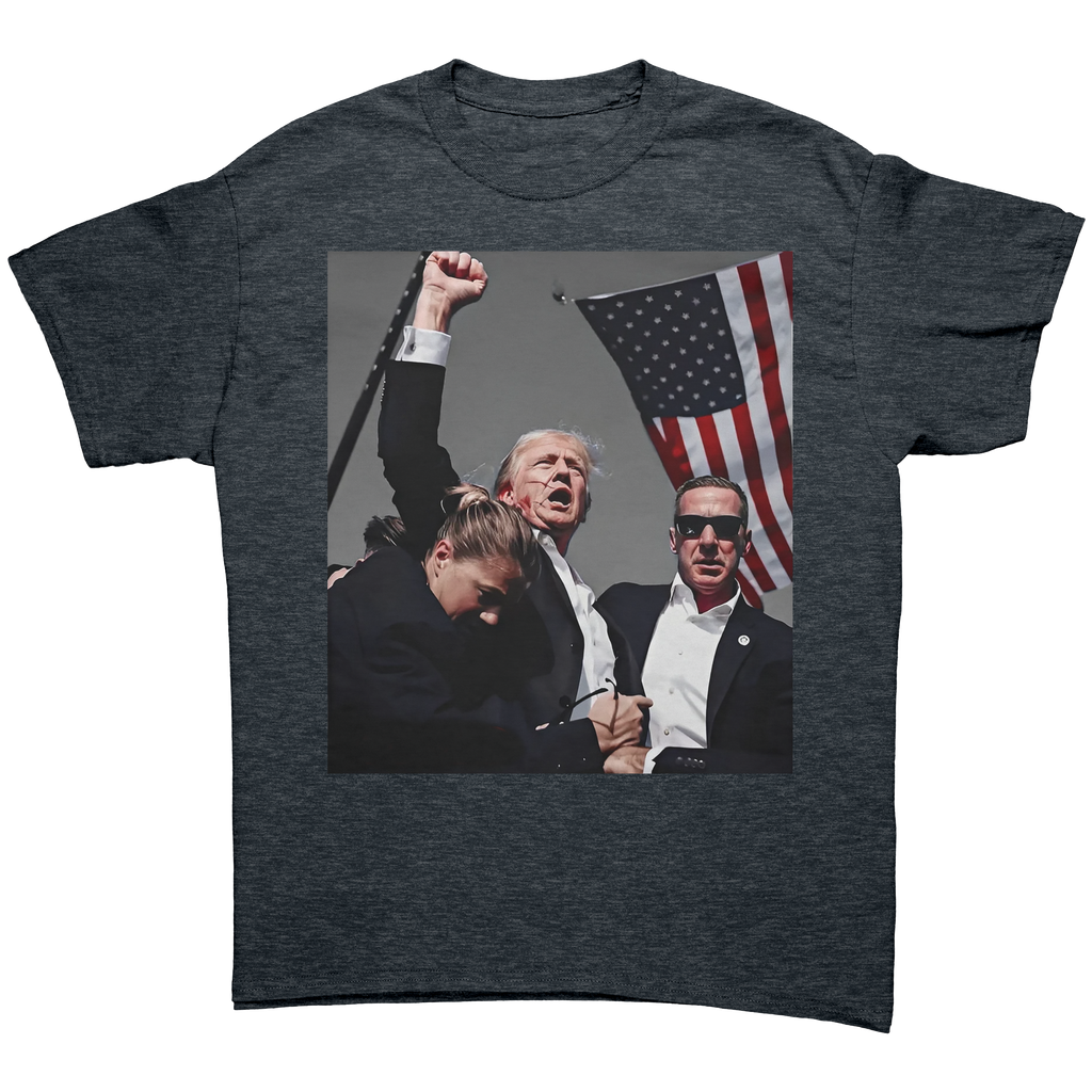 Trump Shot Premium Design Gear featuring a graphic of Trump and supporters with an American flag on a fitted tee.