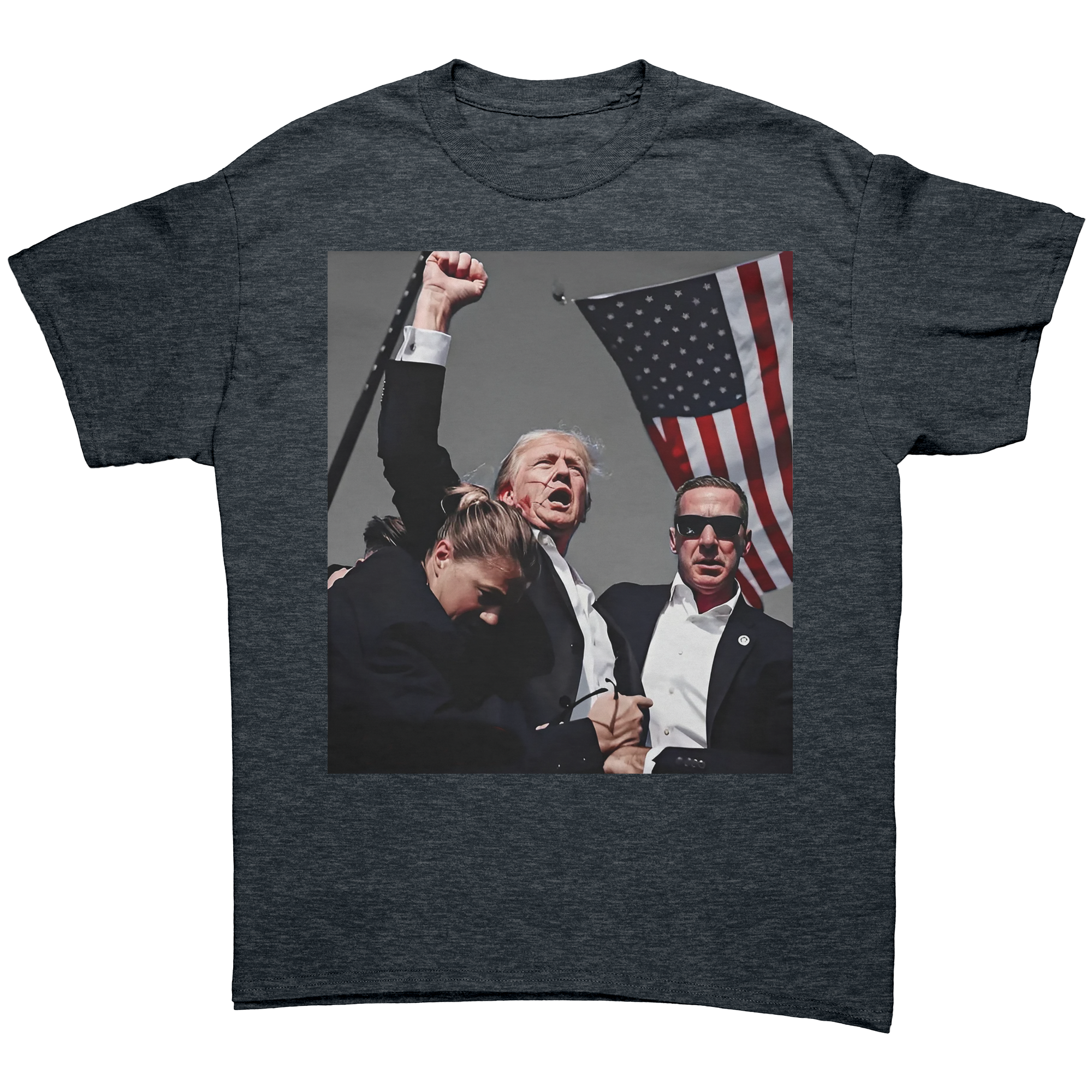 Trump Shot Premium Design Gear featuring a graphic of Trump and supporters with an American flag on a fitted tee.