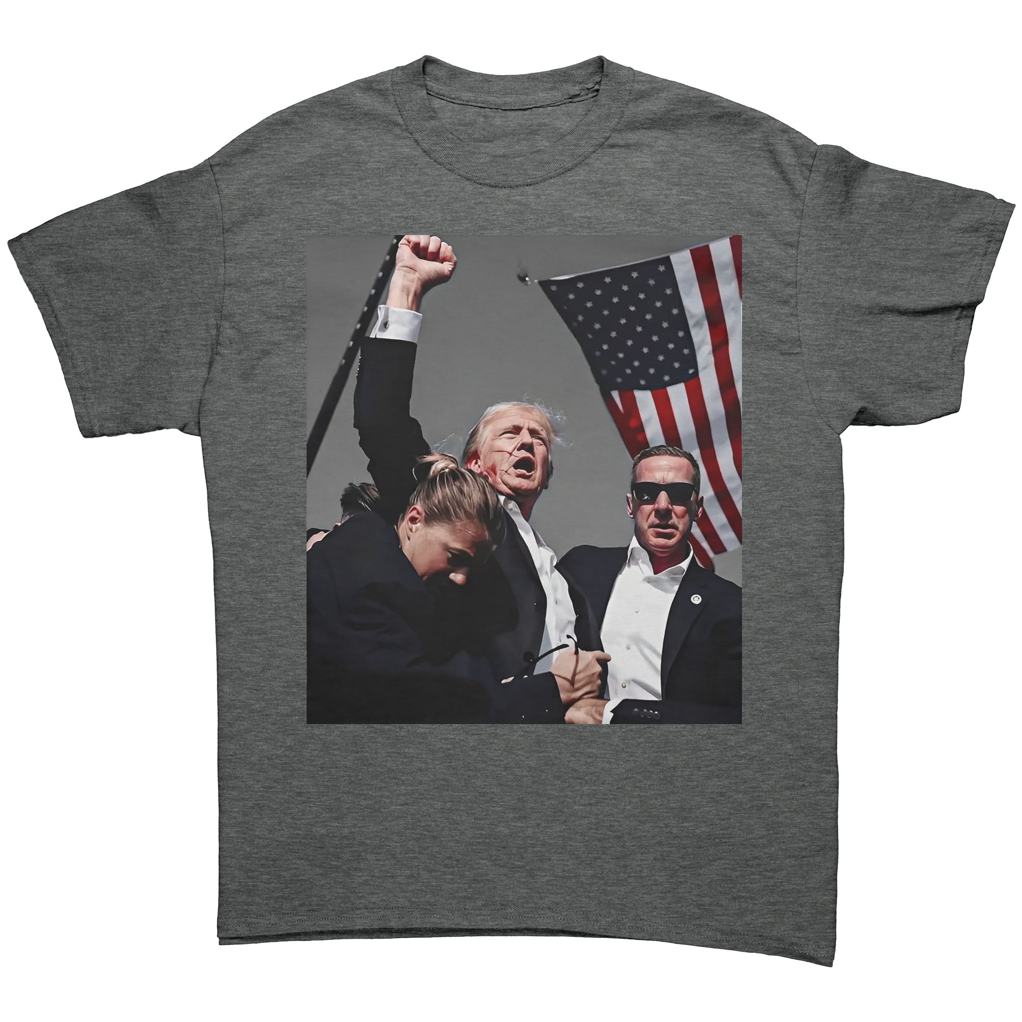 Trump Shot Premium Design Gear featuring graphic of Trump raising fist with flag and security personnel.