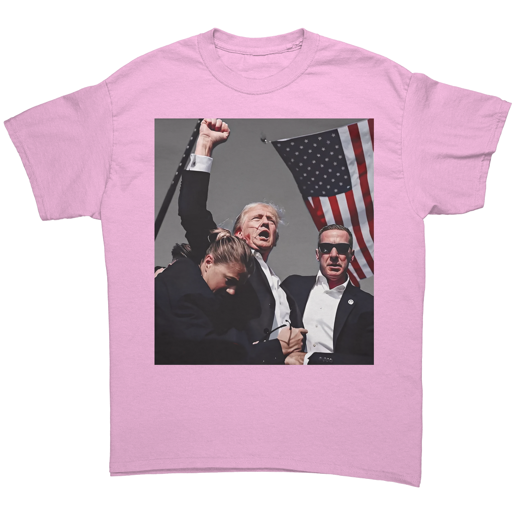 Trump Shot Premium Design Gear – Conservative Women’s Fitted Graphic Tee featuring a graphic of Trump with an American flag.