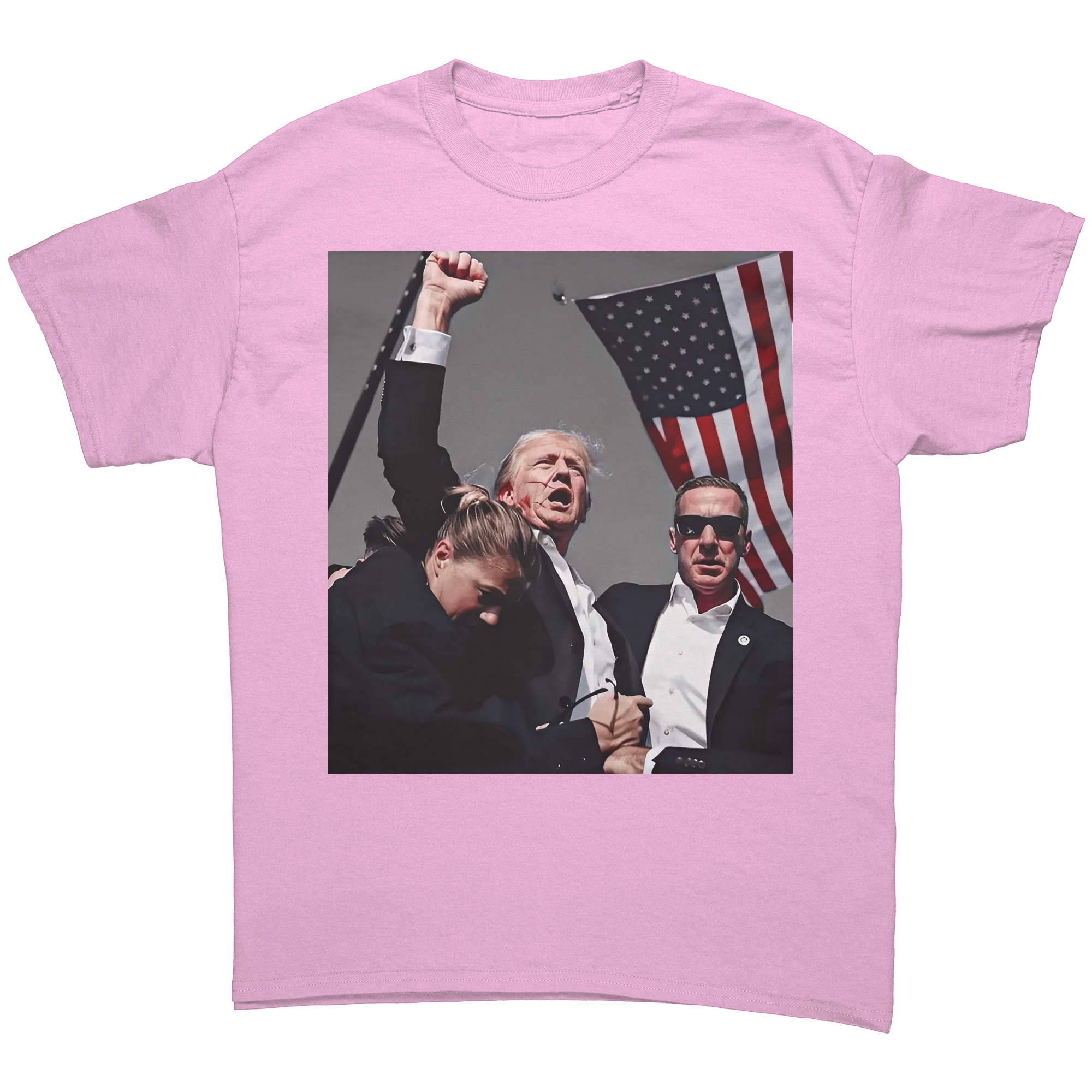 Trump Shot Premium Design Gear – Conservative Women’s Fitted Graphic Tee featuring a graphic of Trump with an American flag.