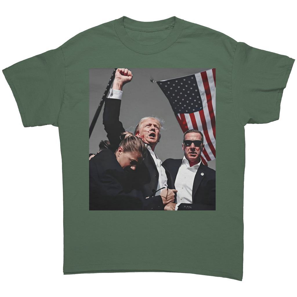 Trump Shot Premium Design Gear featuring Trump with flag, graphic print on a conservative fitted tee.