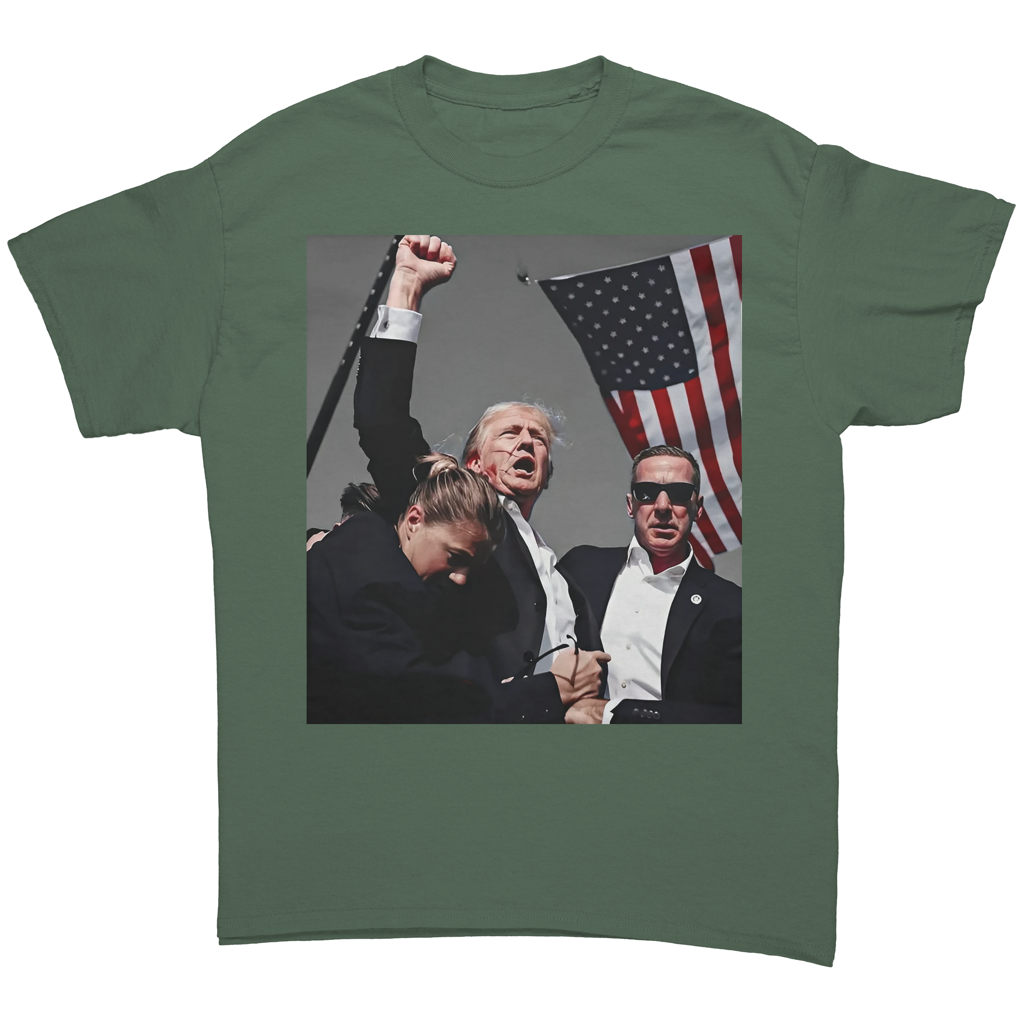Trump Shot Premium Design Gear featuring Trump with flag, graphic print on a conservative fitted tee.