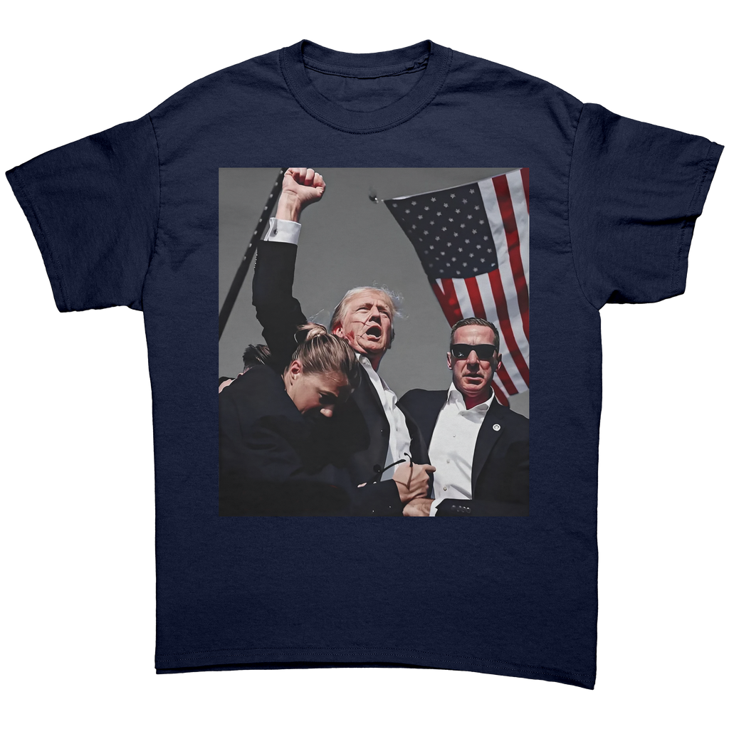 Trump Shot Premium Design Gear featuring a graphic of Trump with a raised fist and American flag on a dark fitted tee.