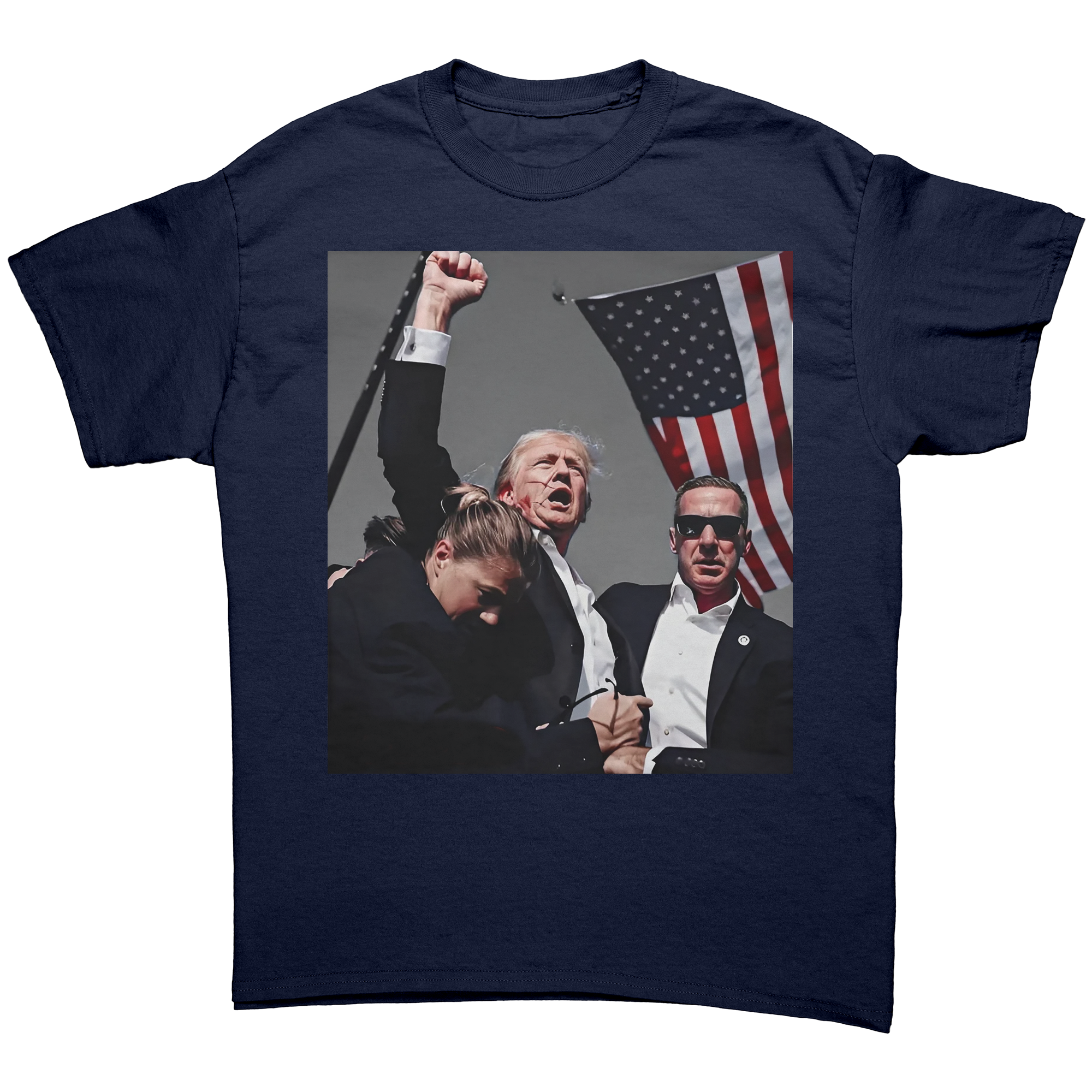 Trump Shot Premium Design Gear featuring a graphic of Trump with a raised fist and American flag on a dark fitted tee.