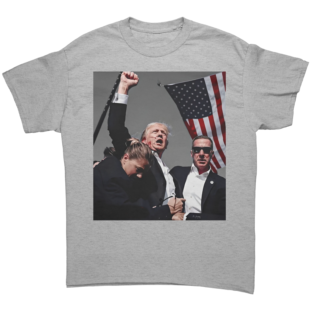 Trump Shot Premium Design Gear – Fitted graphic tee featuring bold image of Trump with American flag.
