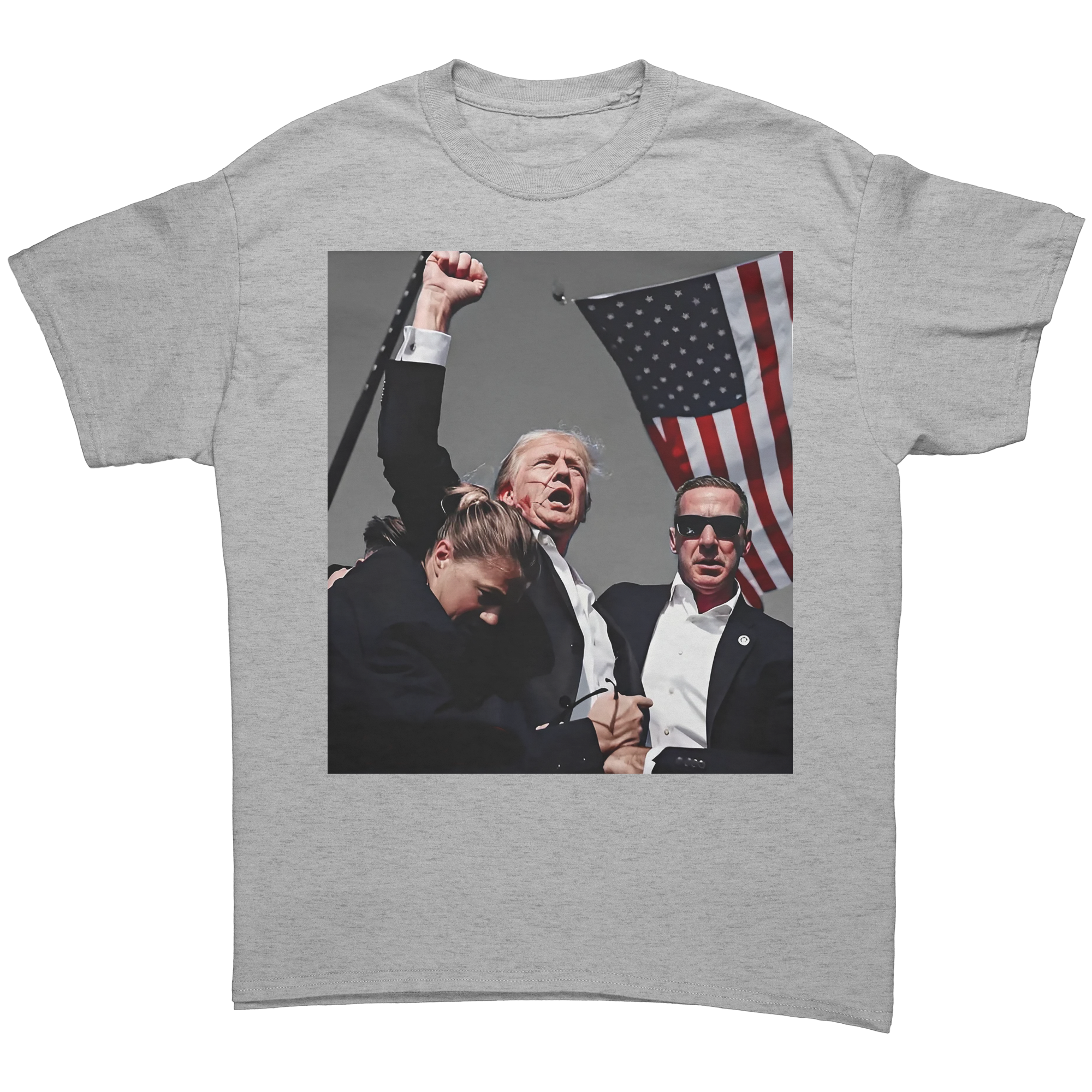 Trump Shot Premium Design Gear – Fitted graphic tee featuring bold image of Trump with American flag.