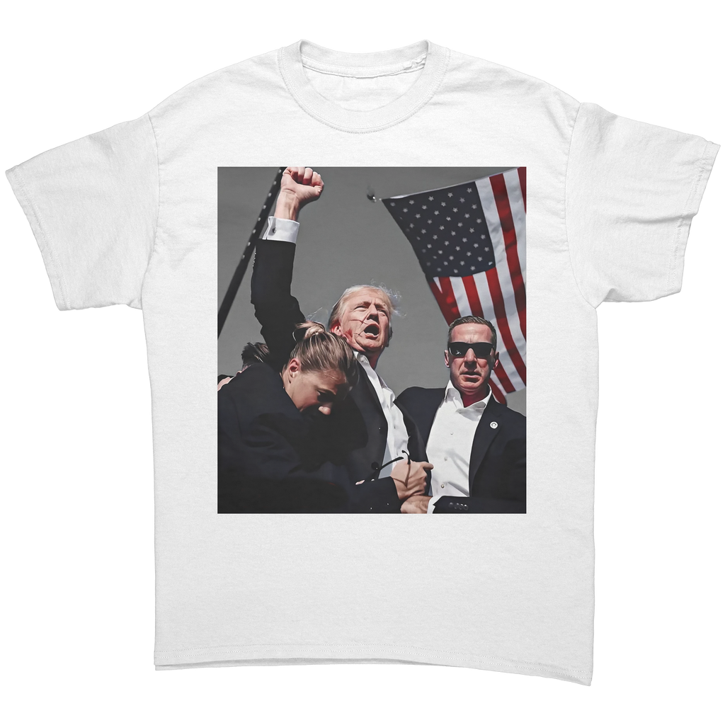 Trump Shot Premium Design Gear - Fitted graphic tee featuring Donald Trump with American flag.
