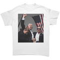 Trump Shot Premium Design Gear - Fitted graphic tee featuring Donald Trump with American flag.