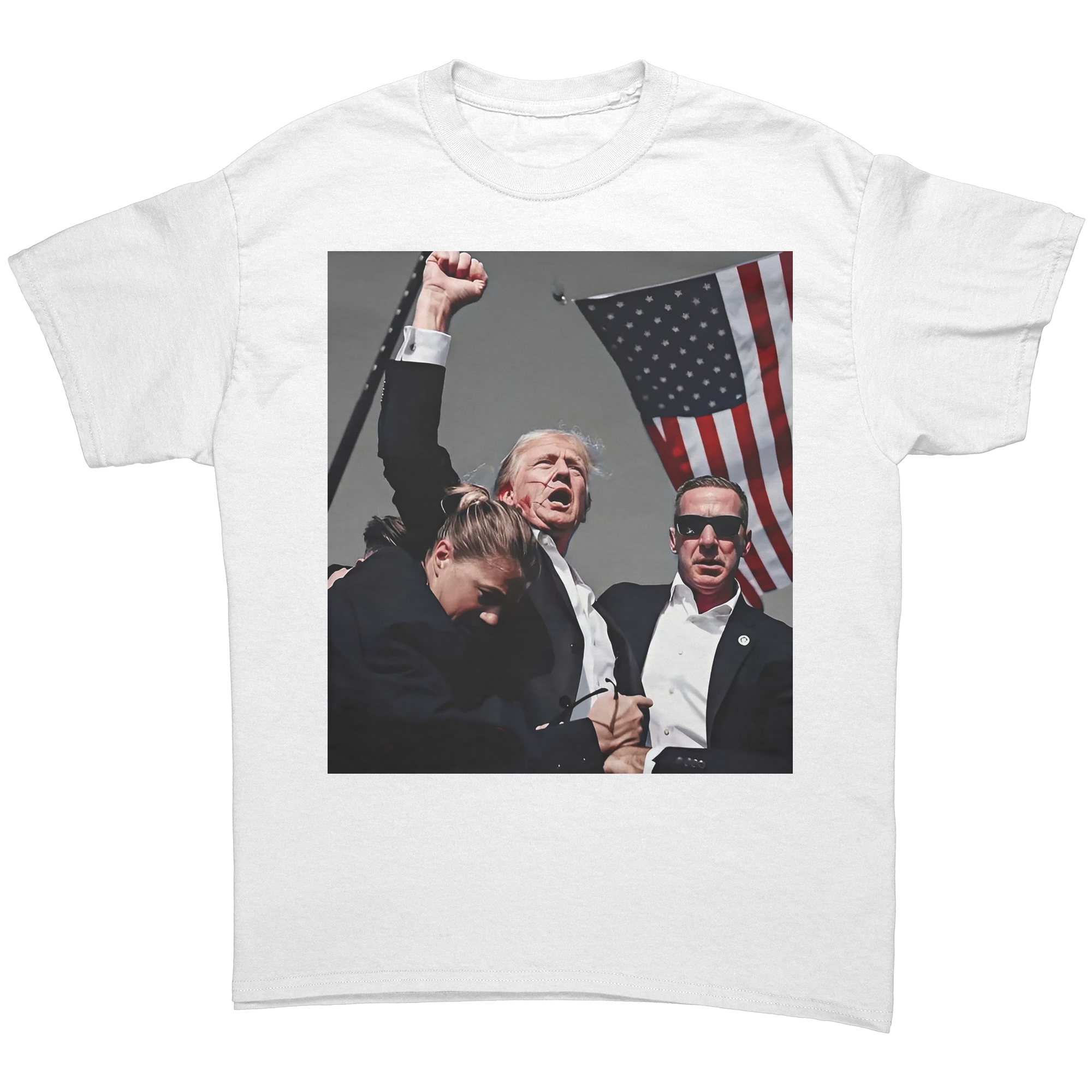 Trump Shot Premium Design Gear - Fitted graphic tee featuring Donald Trump with American flag.
