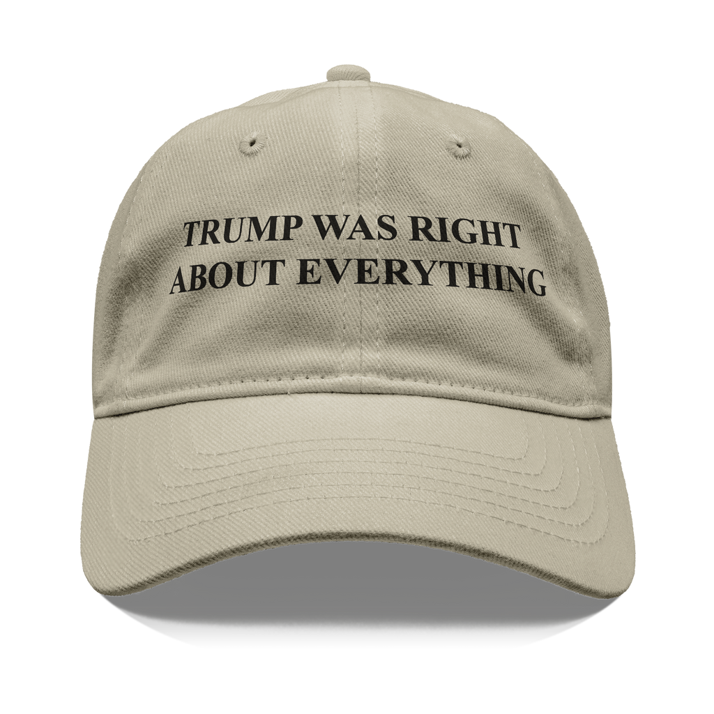 Trump Right Everything Blk Font graphic cap featuring bold black text on a beige background.