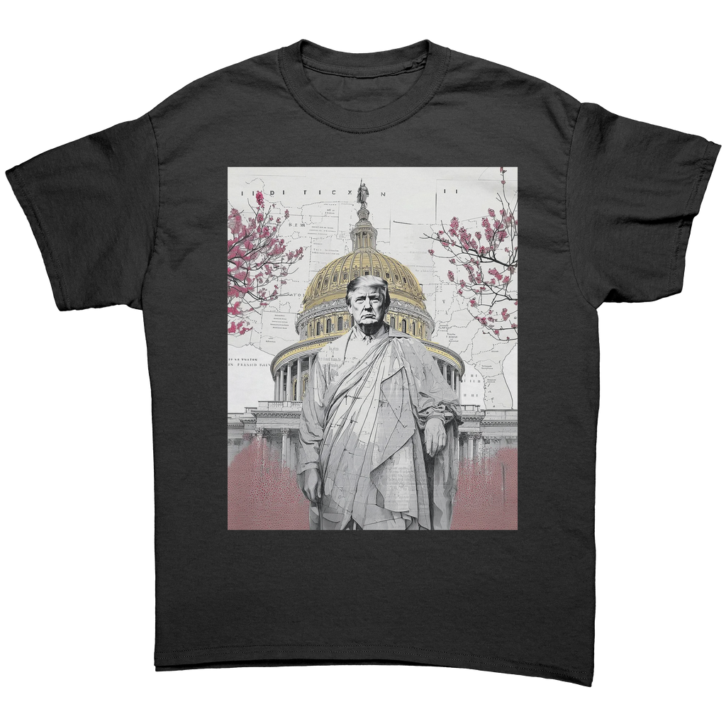 Trump Wearing Roman Toga Design graphic tee featuring a stylized illustration of Donald Trump against the Capitol.
