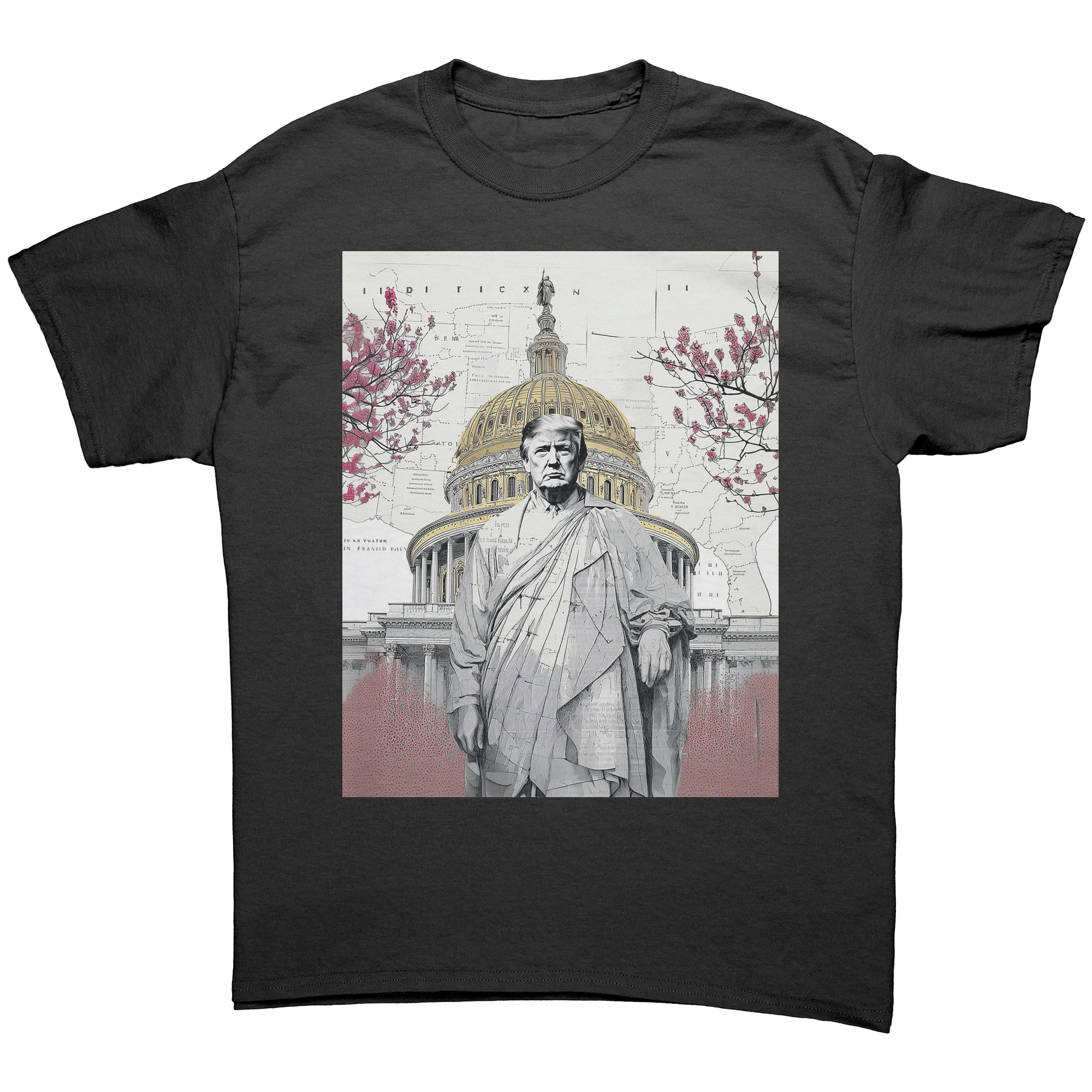 Trump Wearing Roman Toga Design graphic tee featuring a stylized illustration of Donald Trump against the Capitol.