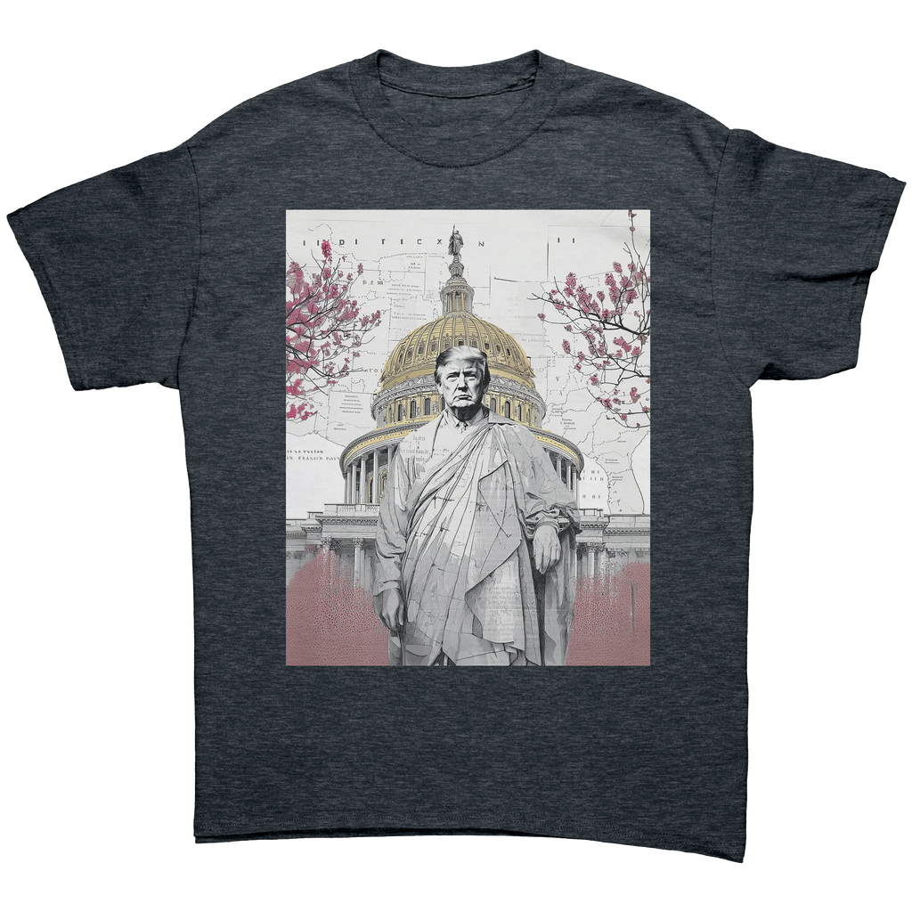 Trump Wearing Roman Toga Design graphic tee featuring a Capitol building backdrop and pink blossoms.