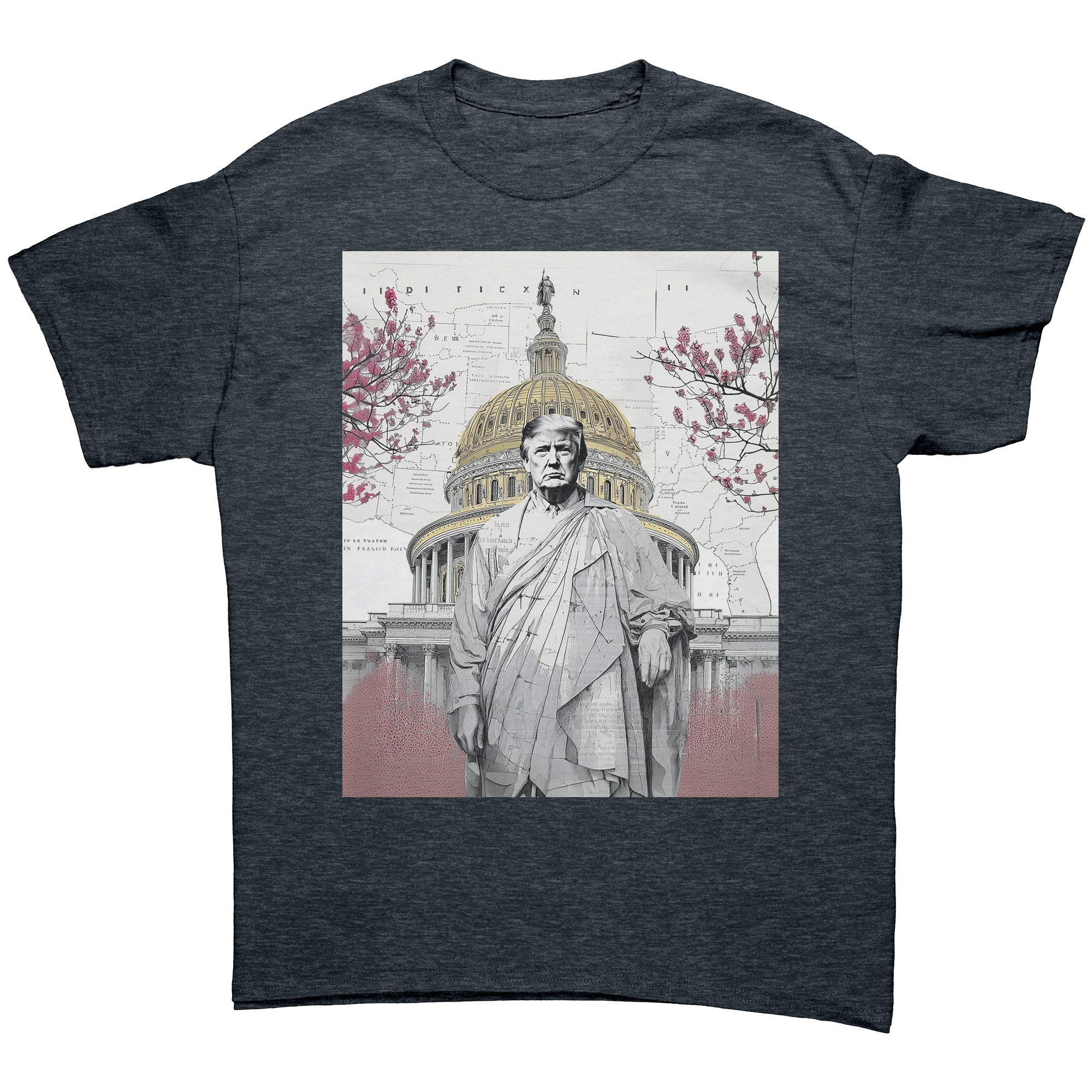 Trump Wearing Roman Toga Design graphic tee featuring a Capitol building backdrop and pink blossoms.