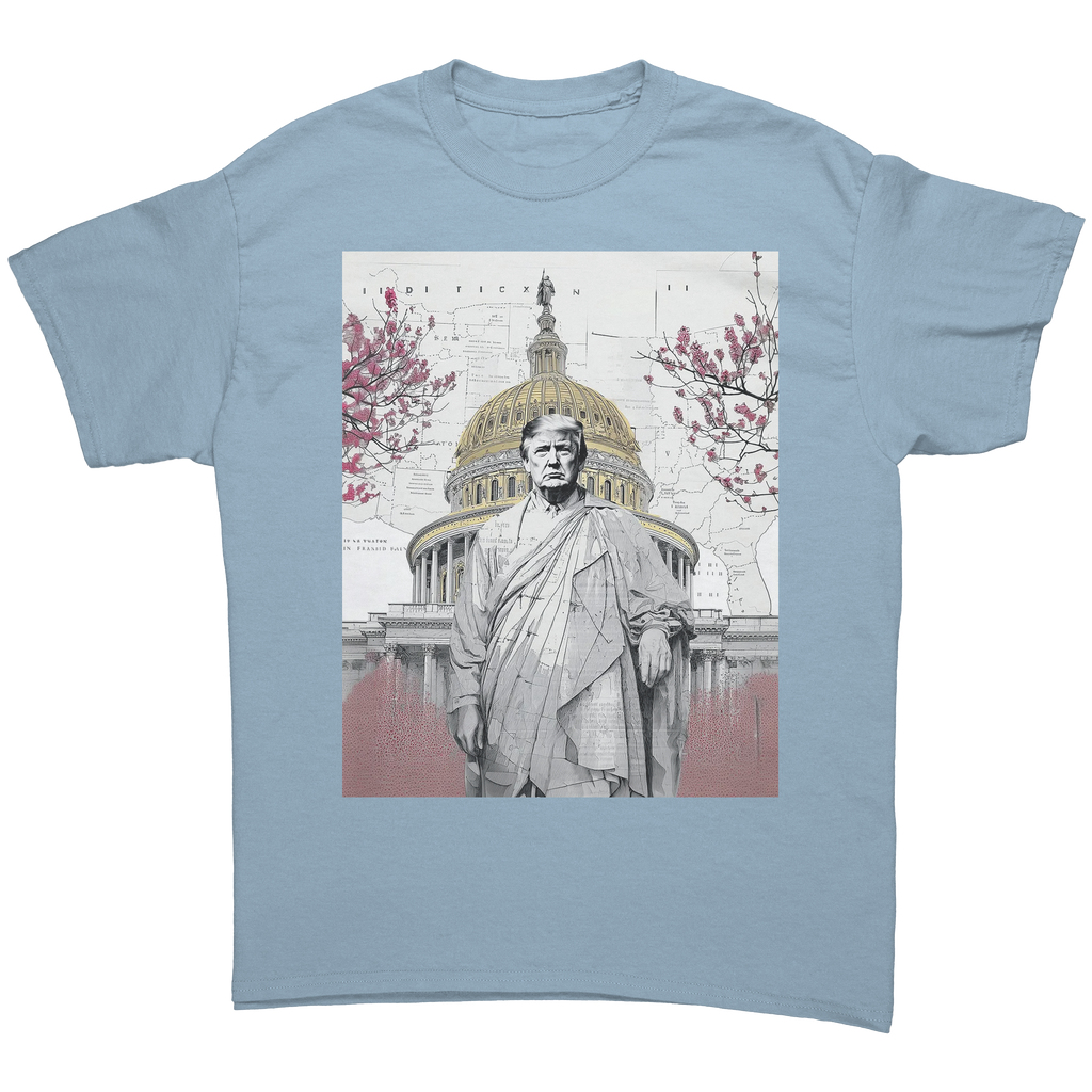 Trump Wearing Roman Toga Design graphic tee featuring a unique illustration of Trump in front of a capitol building.
