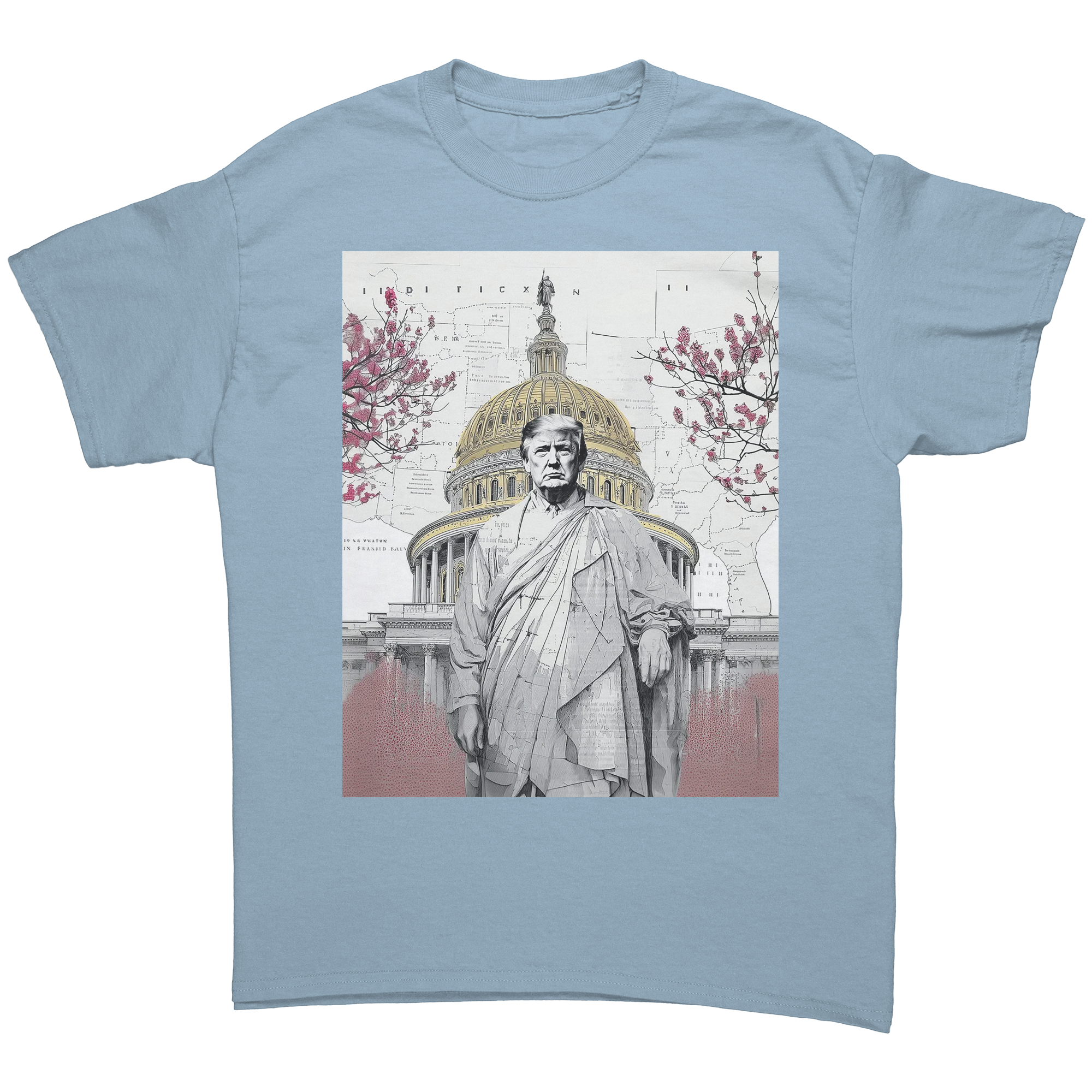 Trump Wearing Roman Toga Design graphic tee featuring a unique illustration of Trump in front of a capitol building.