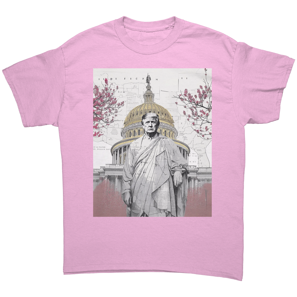 Trump Wearing Roman Toga Design graphic tee featuring a statue-like illustration with the Capitol in the background.