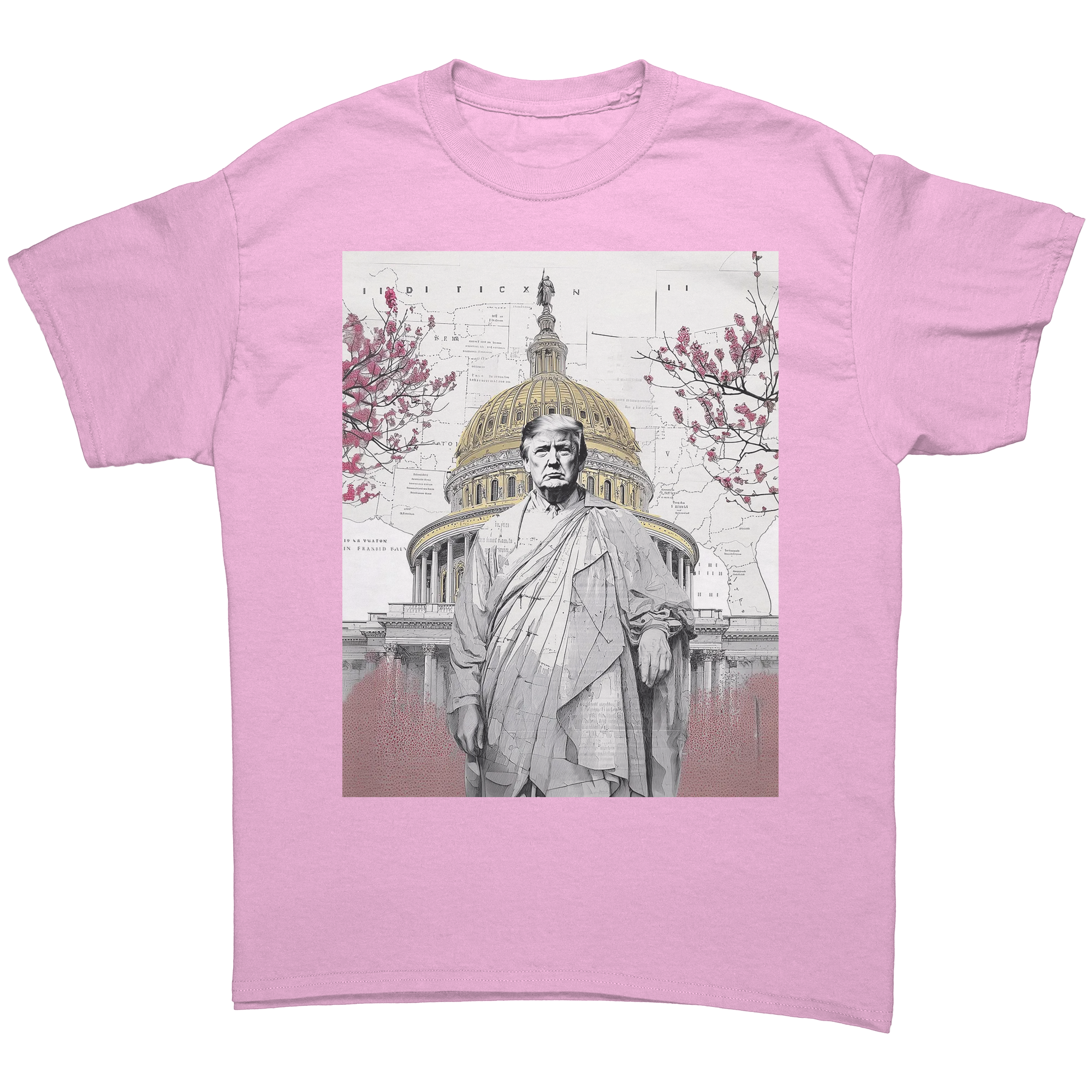 Trump Wearing Roman Toga Design graphic tee featuring a statue-like illustration with the Capitol in the background.