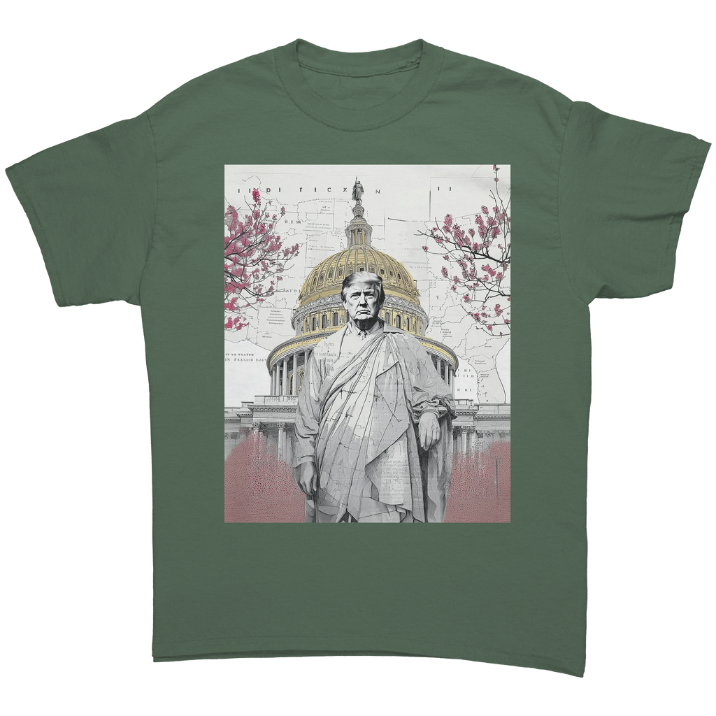 Trump Wearing Roman Toga Design graphic tee featuring a statue of Trump in front of the Capitol building.