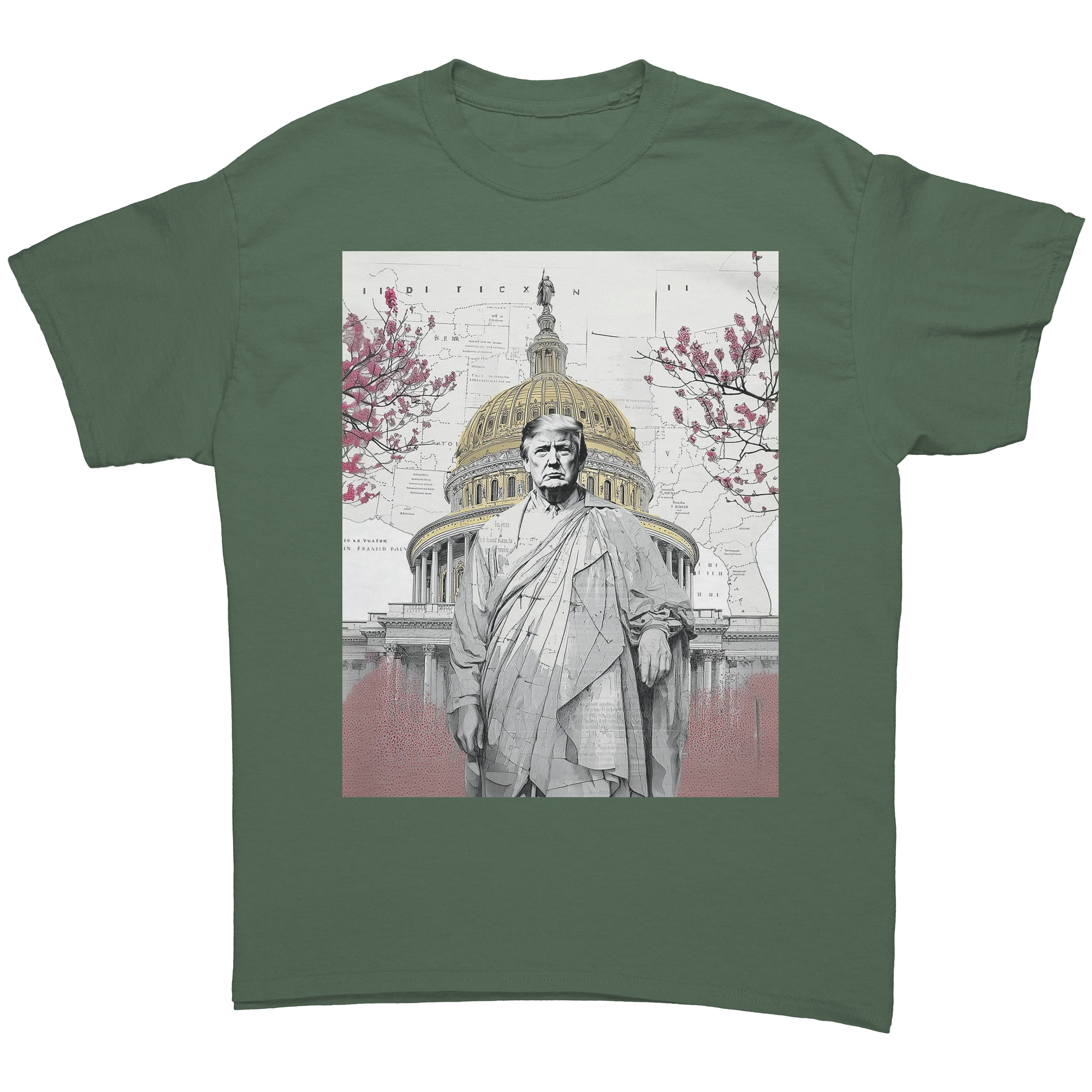 Trump Wearing Roman Toga Design graphic tee featuring a statue of Trump in front of the Capitol building.