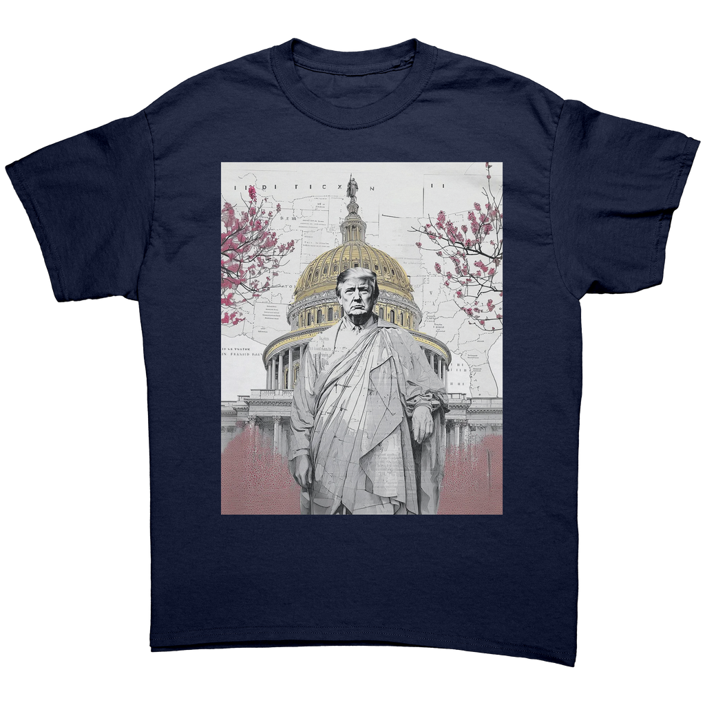 Trump Wearing Roman Toga Design graphic tee with U.S. Capitol background and floral accents