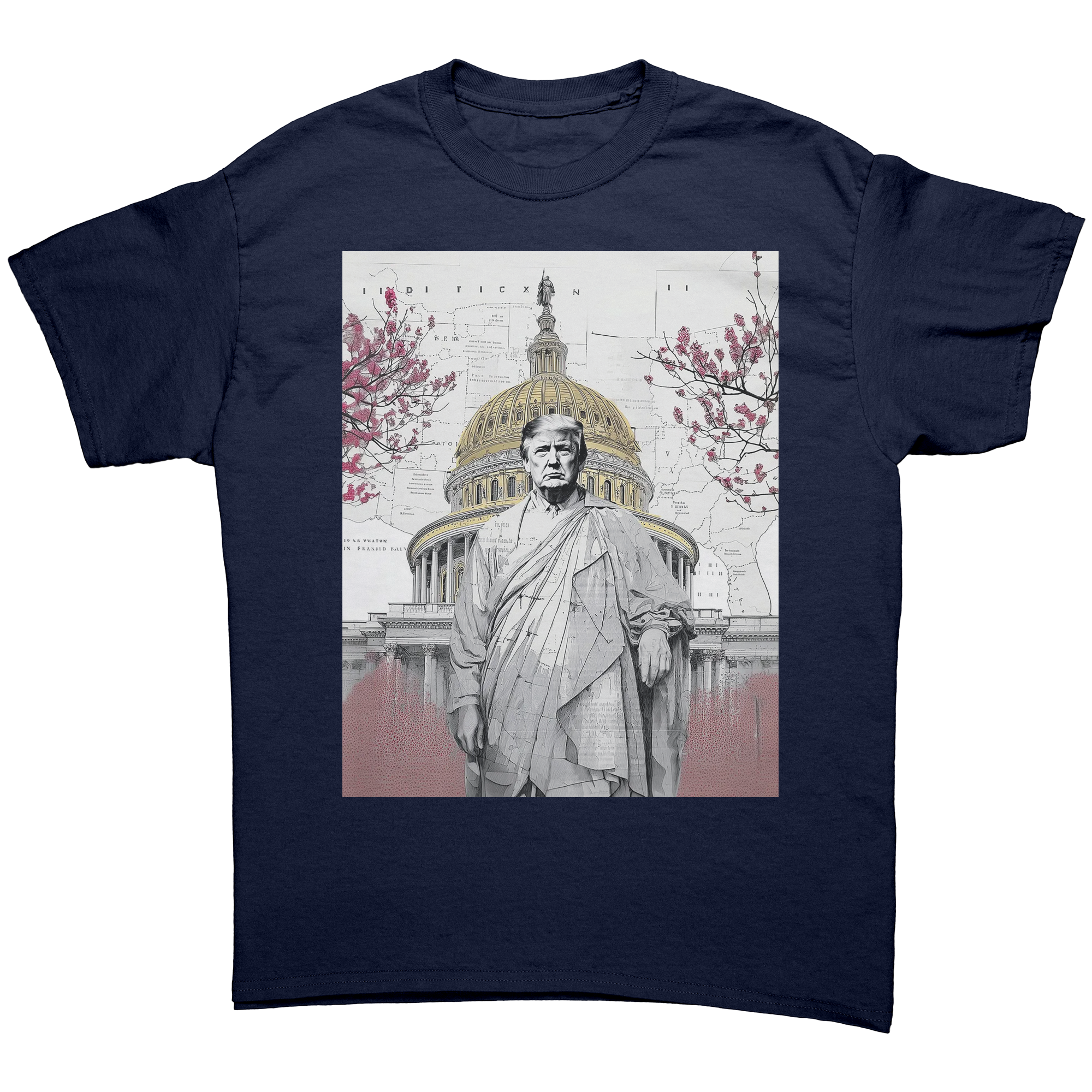 Trump Wearing Roman Toga Design graphic tee with U.S. Capitol background and floral accents