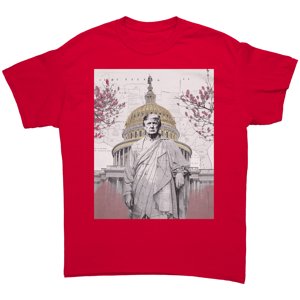 Trump Wearing Roman Toga Design graphic tee featuring a bold red color and iconic imagery.