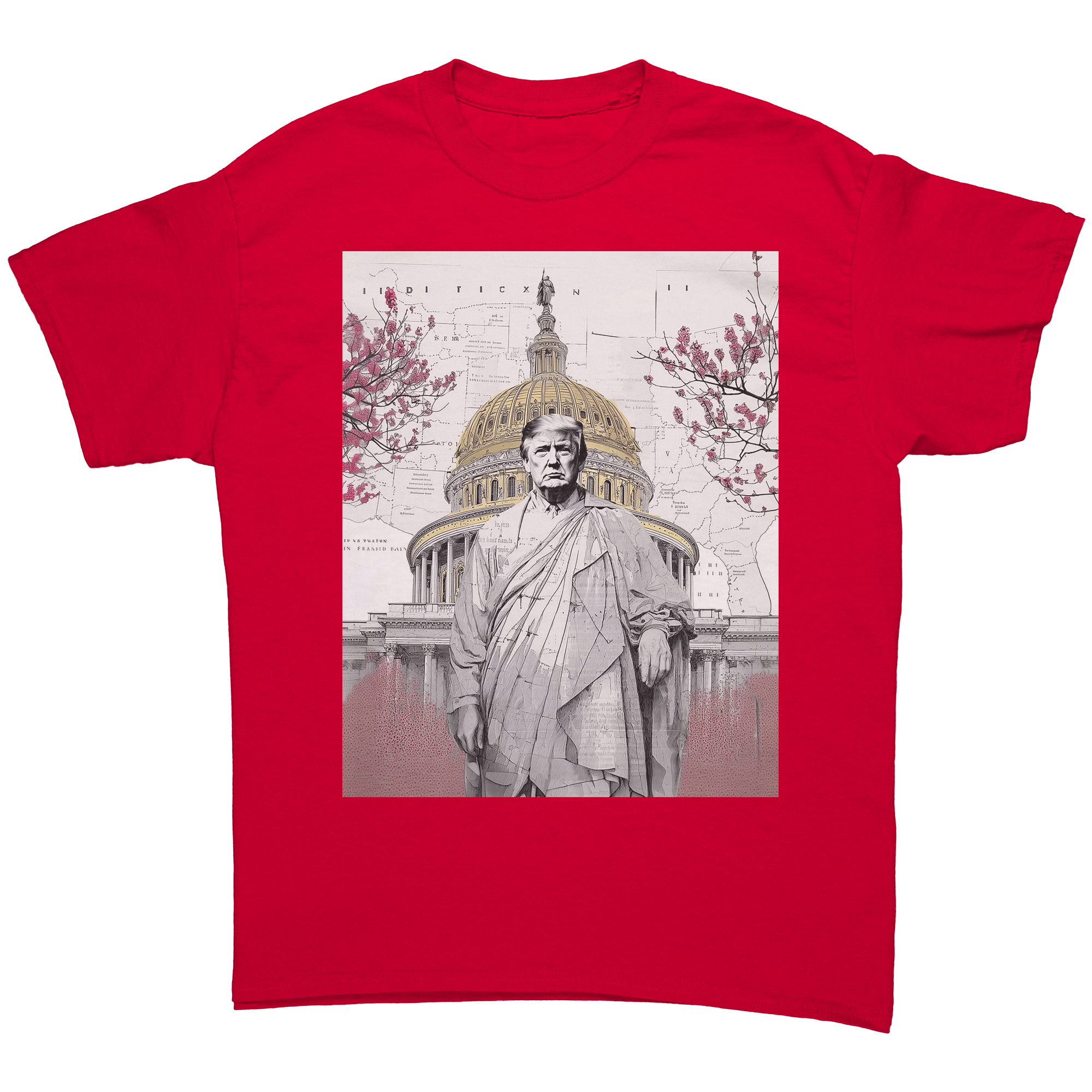 Trump Wearing Roman Toga Design graphic tee featuring a bold red color and iconic imagery.