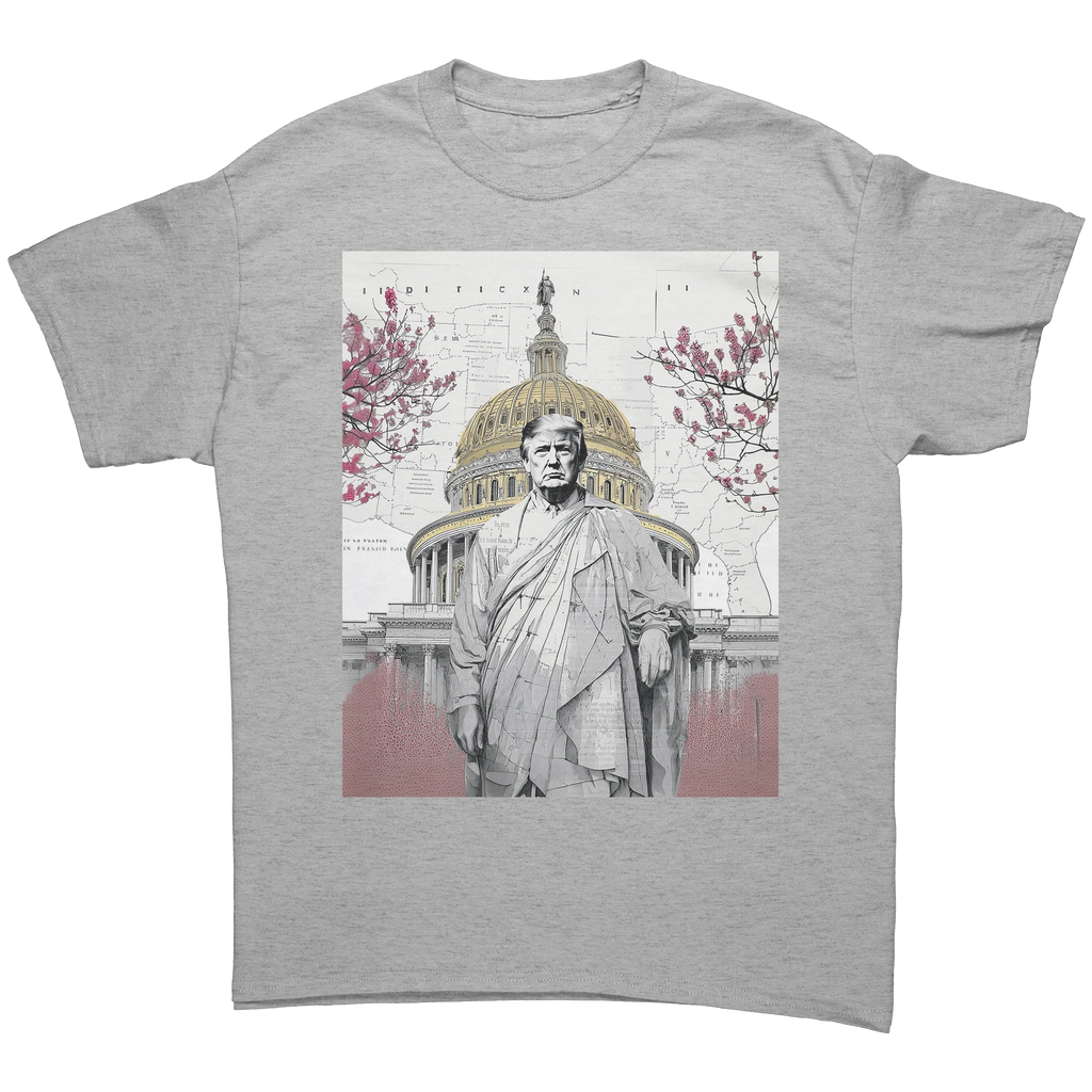 Trump Wearing Roman Toga Design graphic tee featuring a statue in front of the Capitol building.