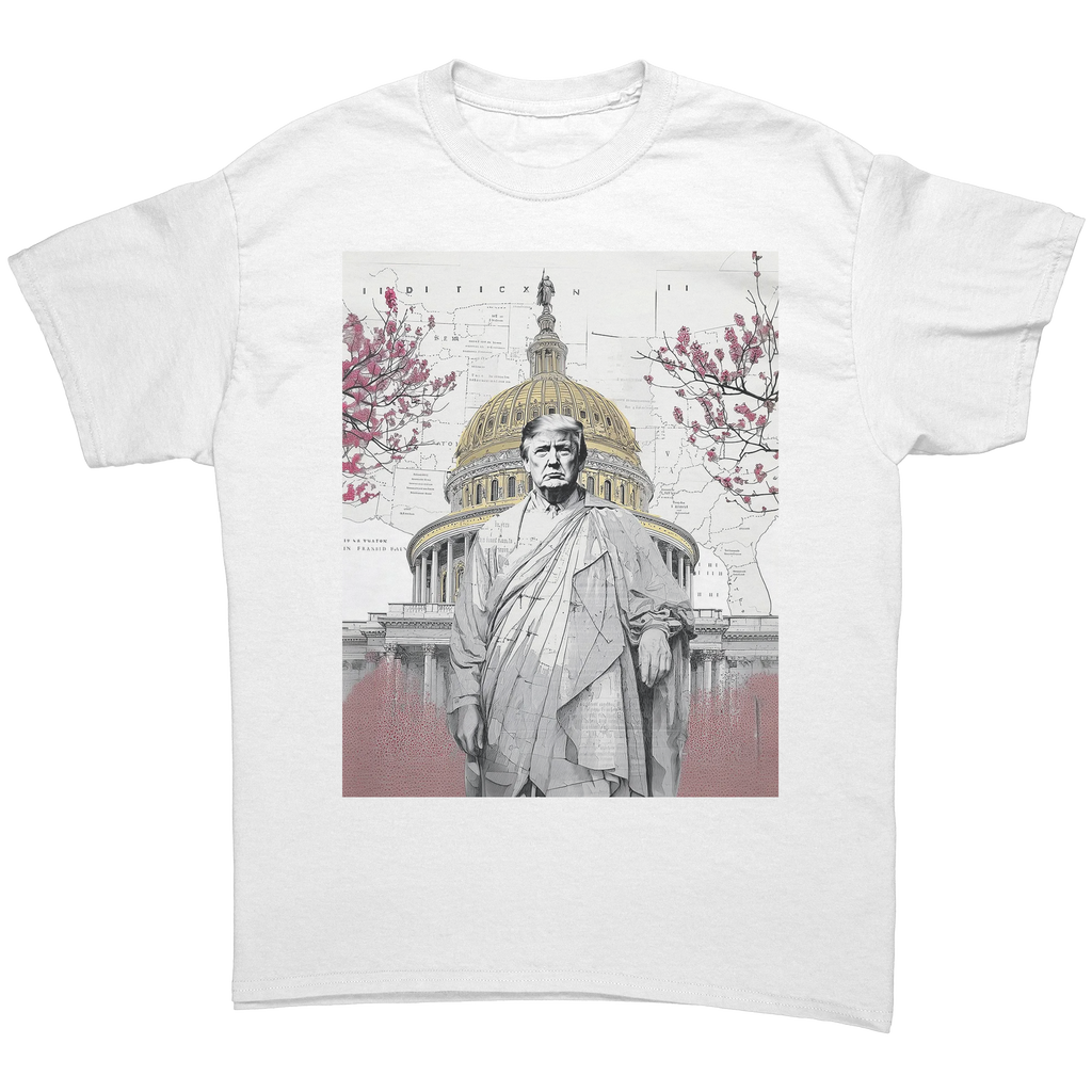 Trump Wearing Roman Toga Design graphic tee featuring Trump against a backdrop of the Capitol.