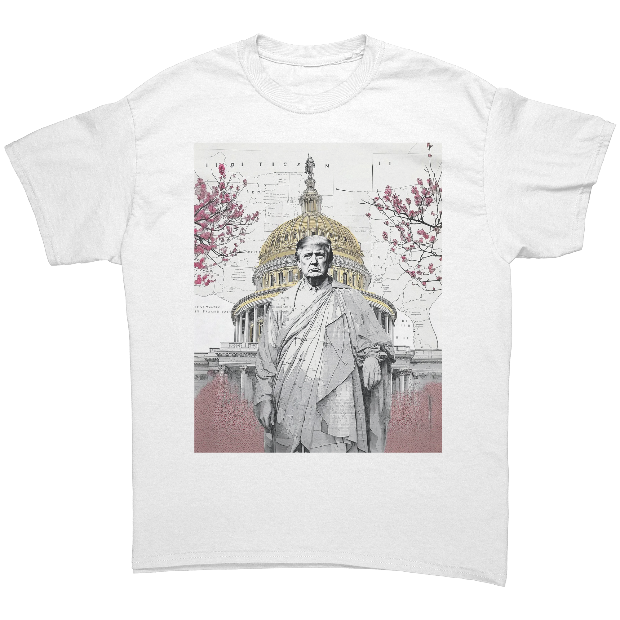 Trump Wearing Roman Toga Design graphic tee featuring Trump against a backdrop of the Capitol.