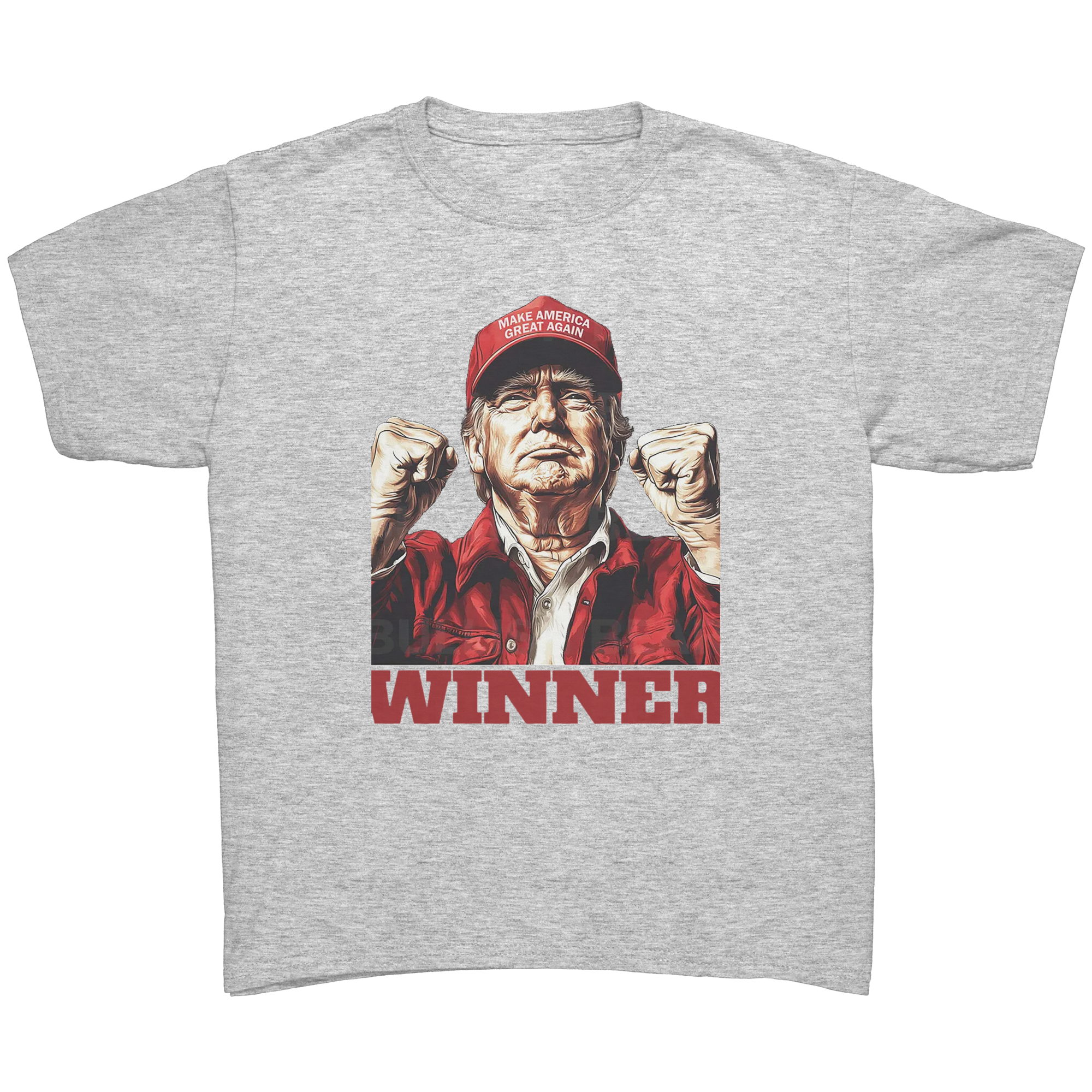Trump The Winning Choice Apparel featuring a proud figure in a red hat and fists raised, symbolizing victory and conservative support.