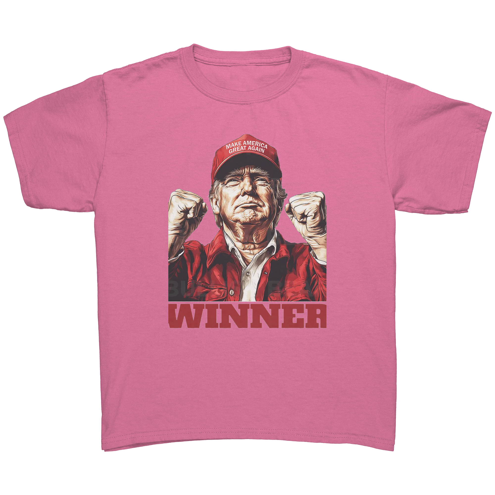 Trump The Winning Choice Apparel featuring a confident figure wearing a MAGA hat with the text 'WINNER'.