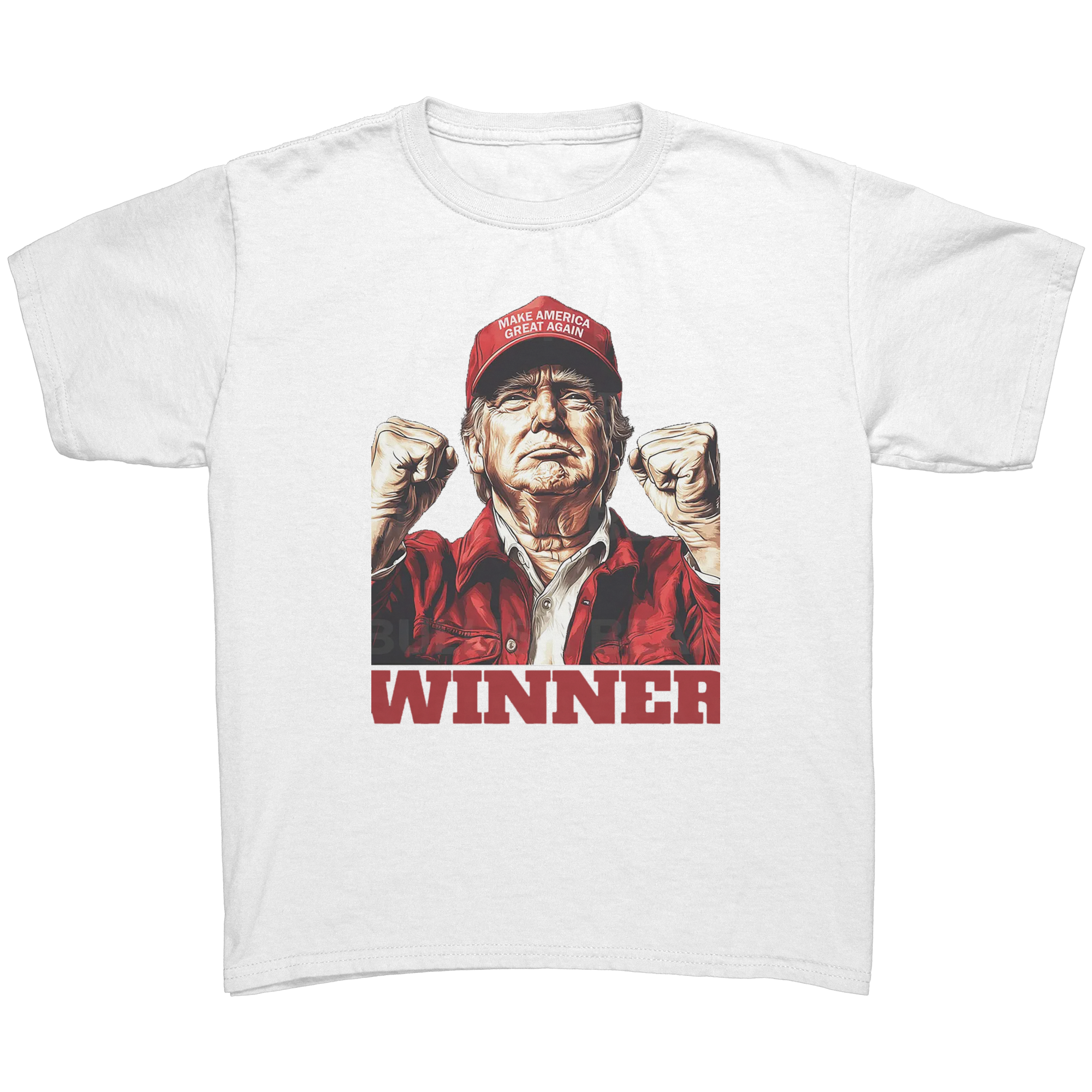 Trump The Winning Choice Apparel featuring a victorious figure with a red hat and "WINNER" text.