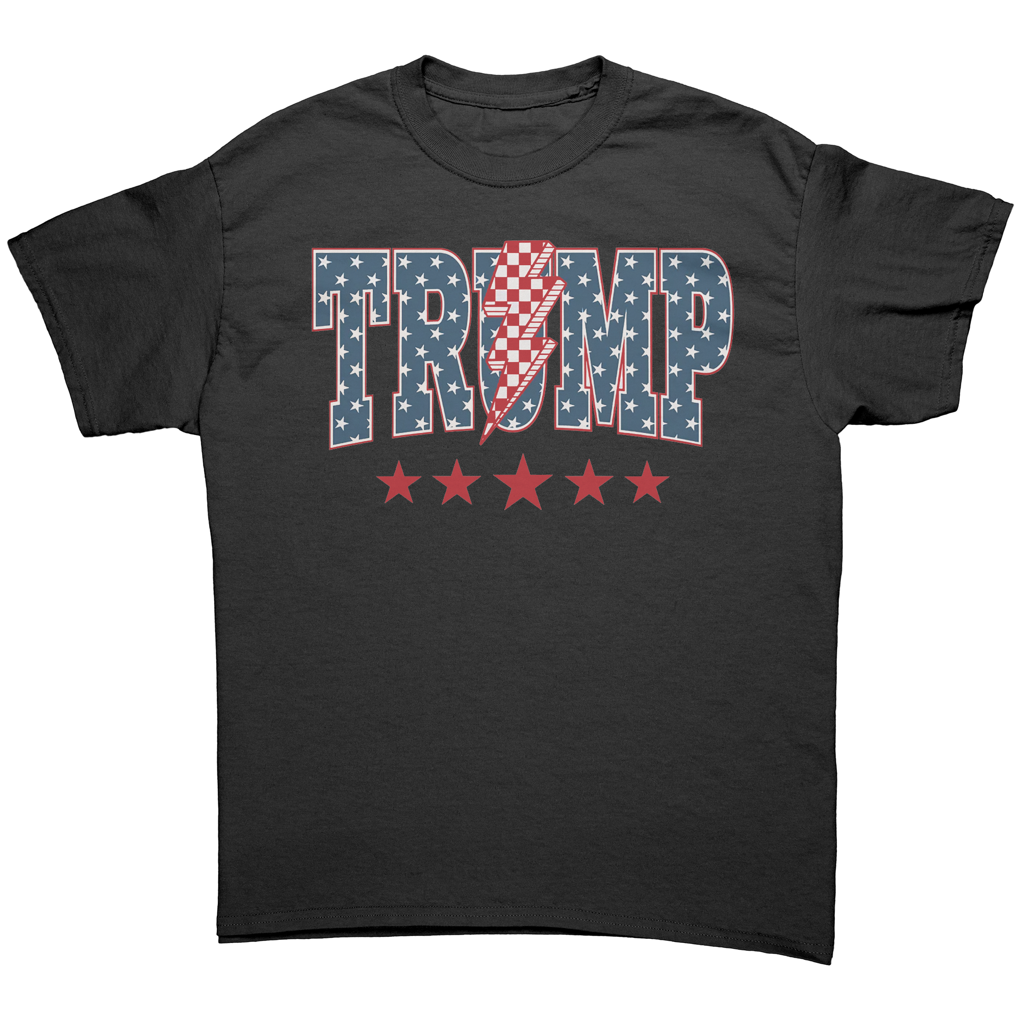 Trump Storm Lightning Style Tee featuring red and blue graphic design and stars on a dark t-shirt.