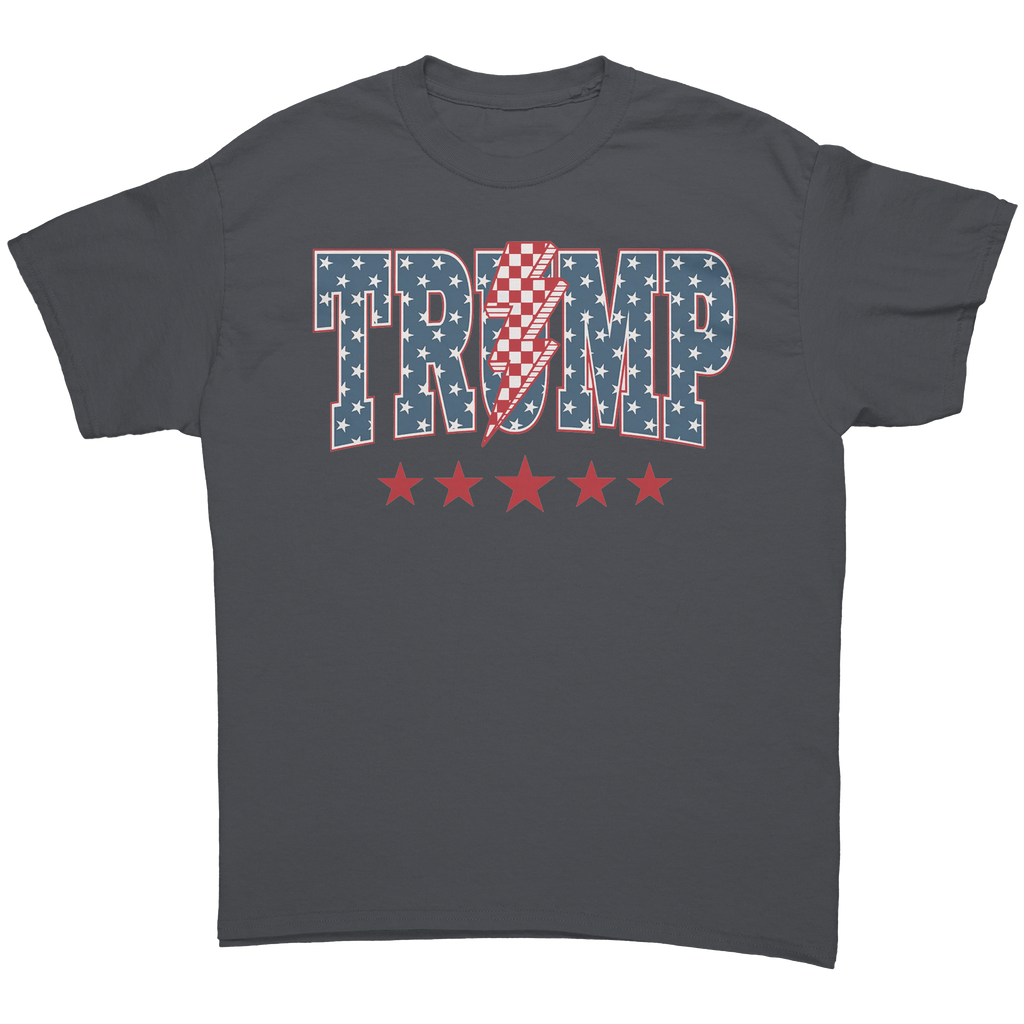 Trump Storm Lightning Style Tee – Fitted graphic tee featuring 'TRUMP' with stars and stripes design.