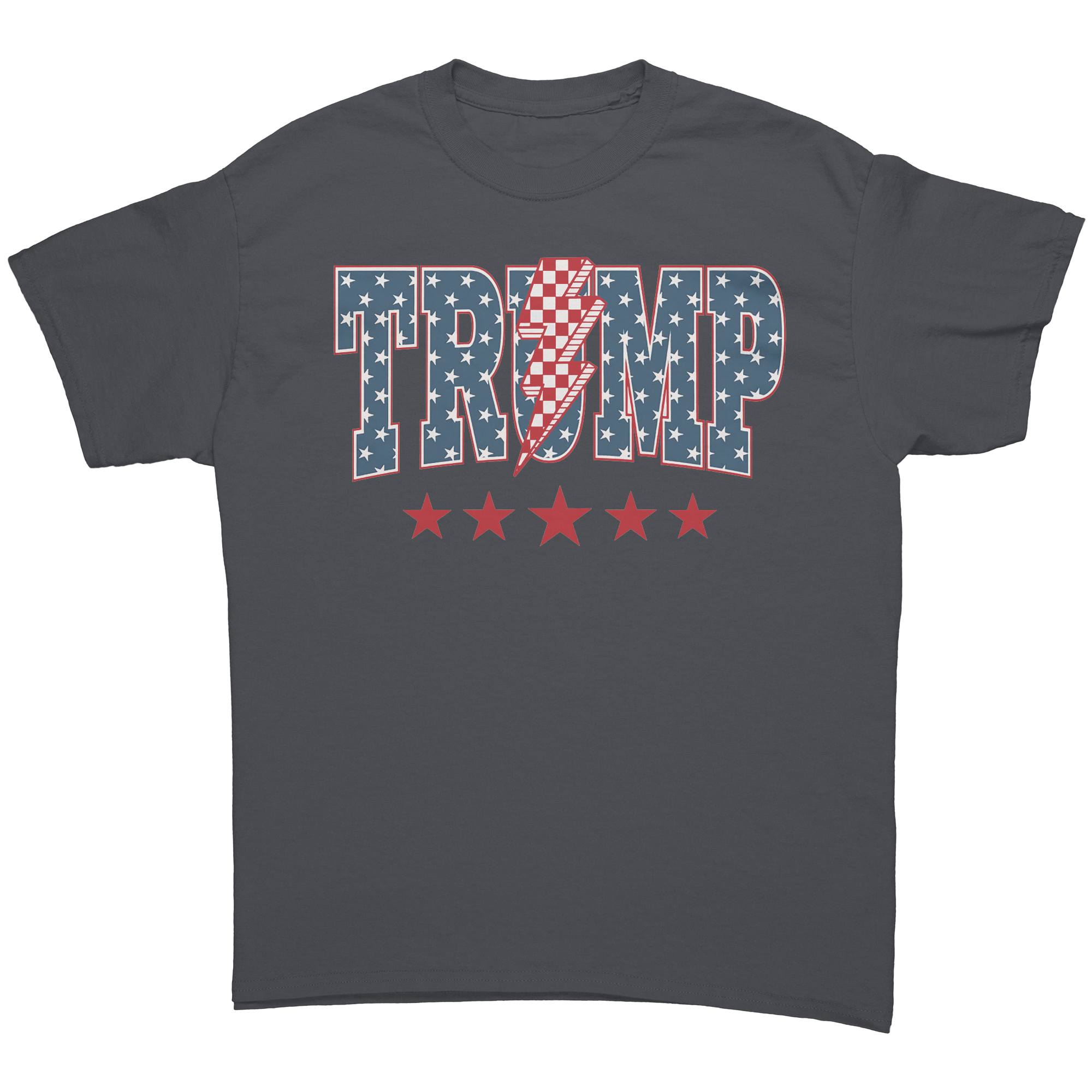 Trump Storm Lightning Style Tee – Fitted graphic tee featuring 'TRUMP' with stars and stripes design.