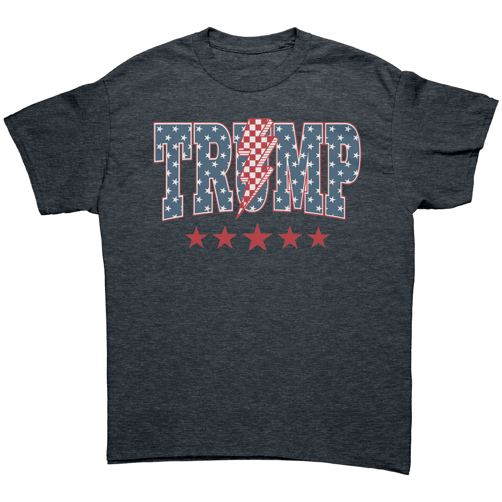 Trump Storm Lightning Style Tee with patriotic design featuring stars and stripes, perfect for conservative women.