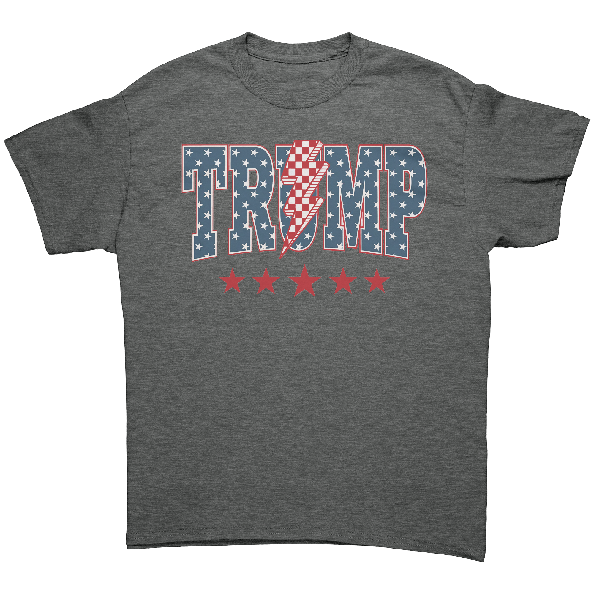 Trump Storm Lightning Style Tee – Fitted graphic tee with patriotic design featuring stars and stripes.