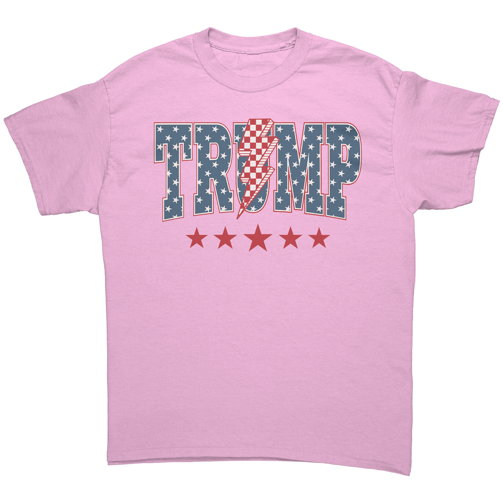 Trump Storm Lightning Style Tee – Pink Conservative Women's Fitted Graphic Tee with Stars and Stripes Design