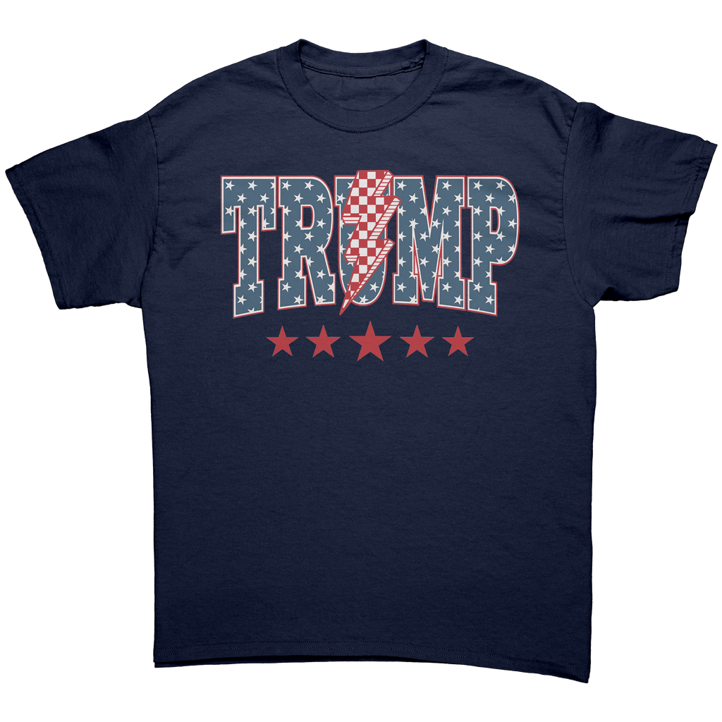 Trump Storm Lightning Style Tee – navy blue graphic tee featuring bold 'TRUMP' design with stars and stripes