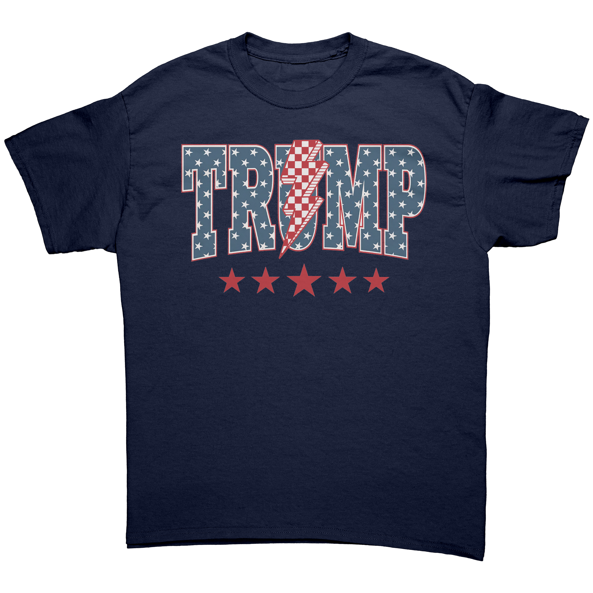 Trump Storm Lightning Style Tee – navy blue graphic tee featuring bold 'TRUMP' design with stars and stripes