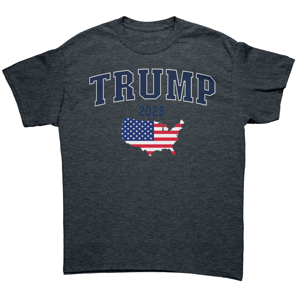 Trump USA Flag Portrait Graphic tee featuring the USA map with American flag and Trump 2028.