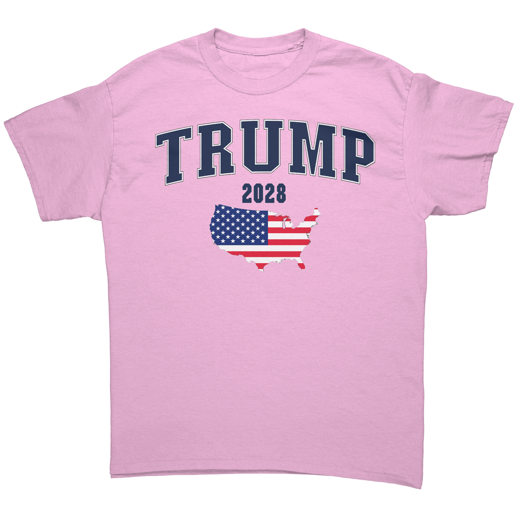 Trump USA Flag Portrait Graphic tee featuring a pink background with patriotic design for 2028.
