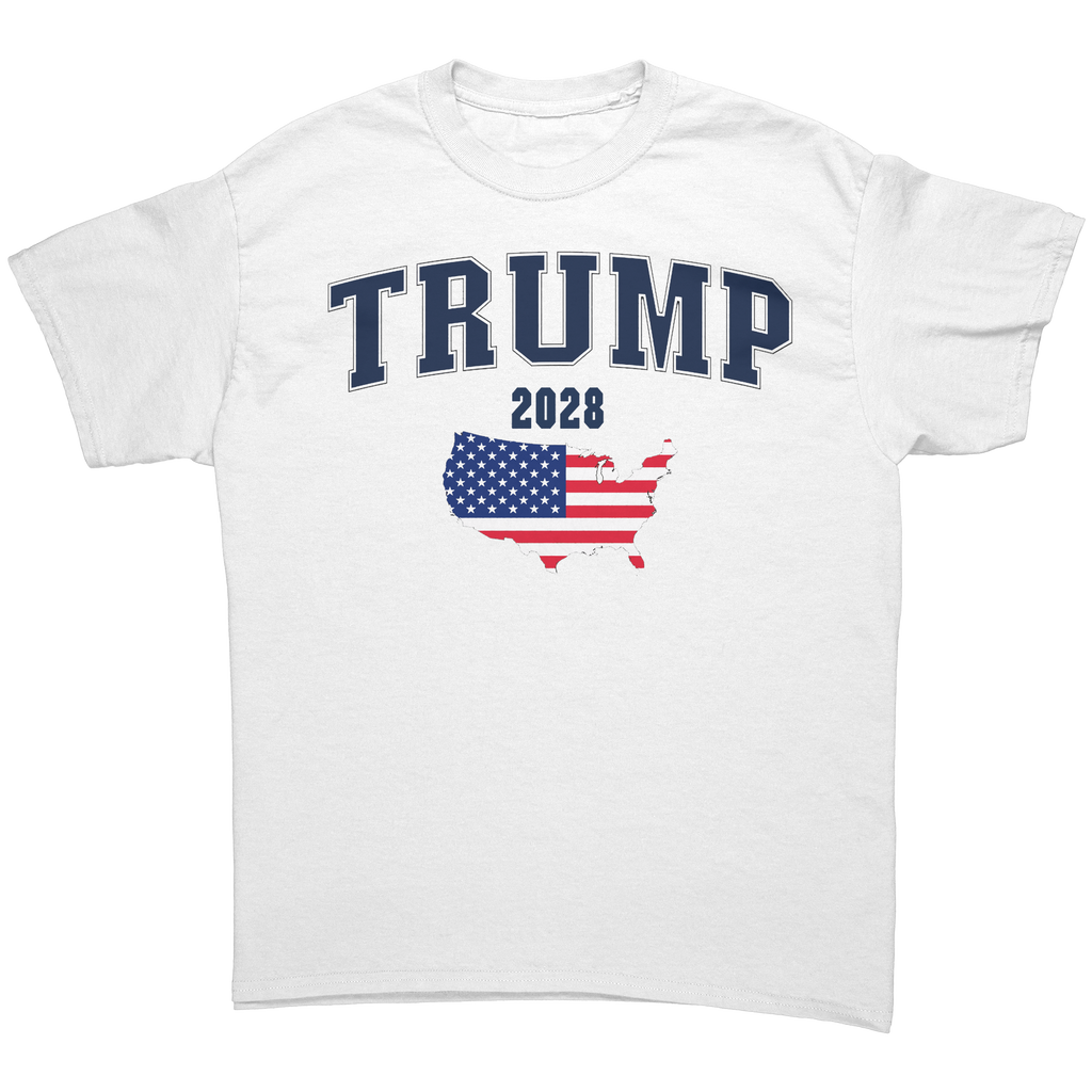Trump USA Flag Portrait Graphic tee featuring a map of the USA with the flag design and Trump 2028 text.