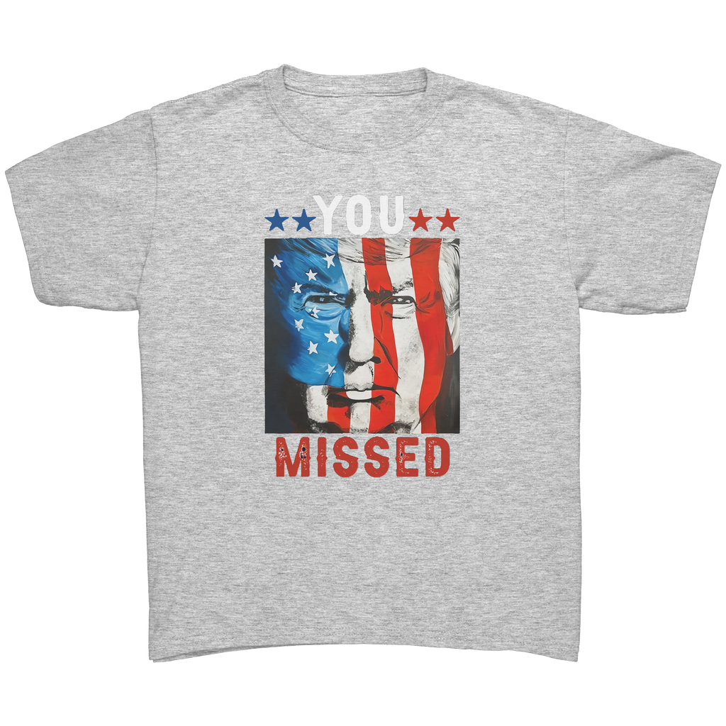 Trump You Missed Vivid Print Tee featuring a patriotic design with bold colors and a striking graphic.
